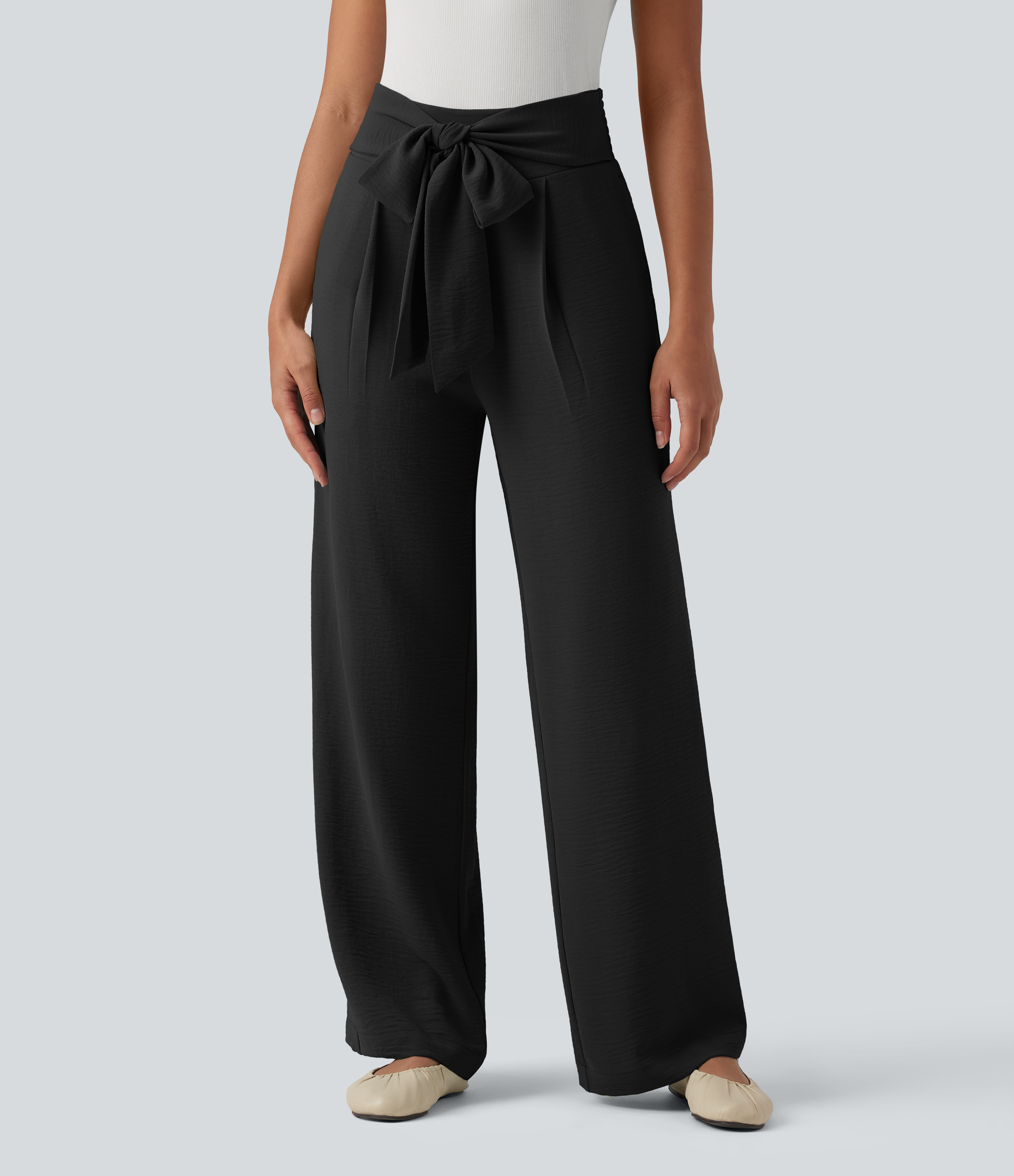 Pantalon droit décontracté taille haute effet lin, lien noué à l'avant et poches.