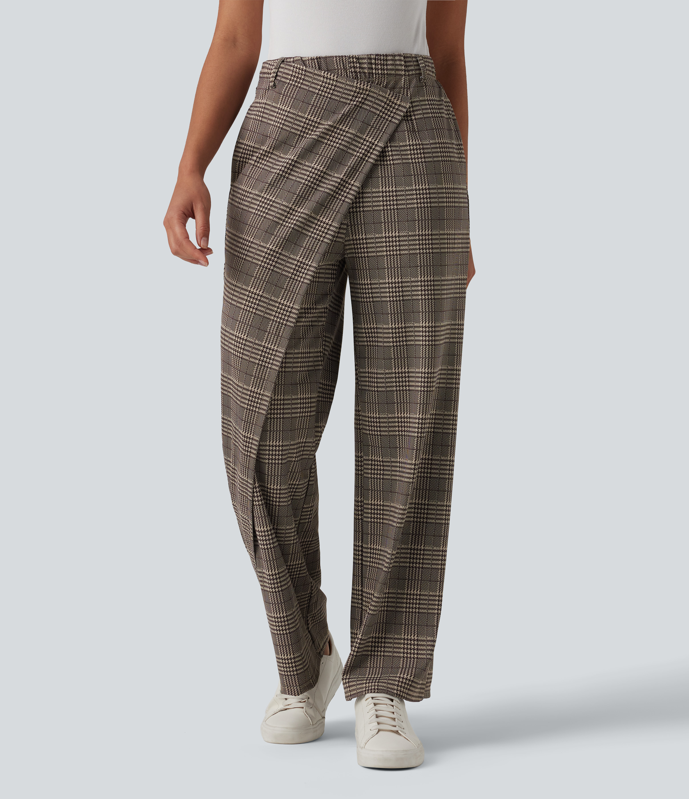 Brown Houndstooth Plaid Halara Flex™ High Waisted Straight Leg Plaid Work Pants with Pockets / 1