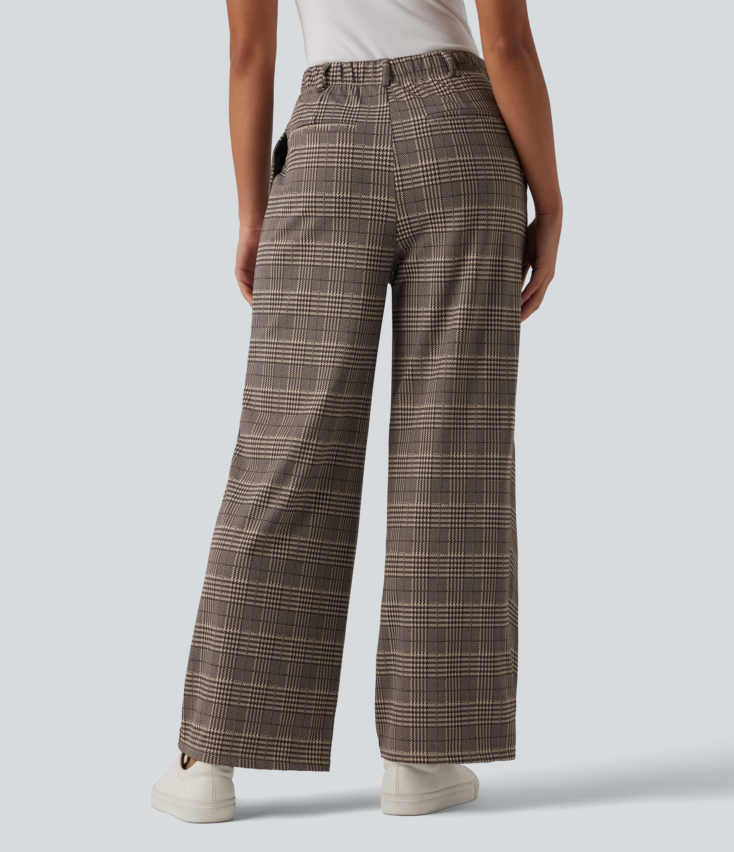 Brown Houndstooth Plaid Halara Flex™ High Waisted Straight Leg Plaid Work Pants with Pockets / 2