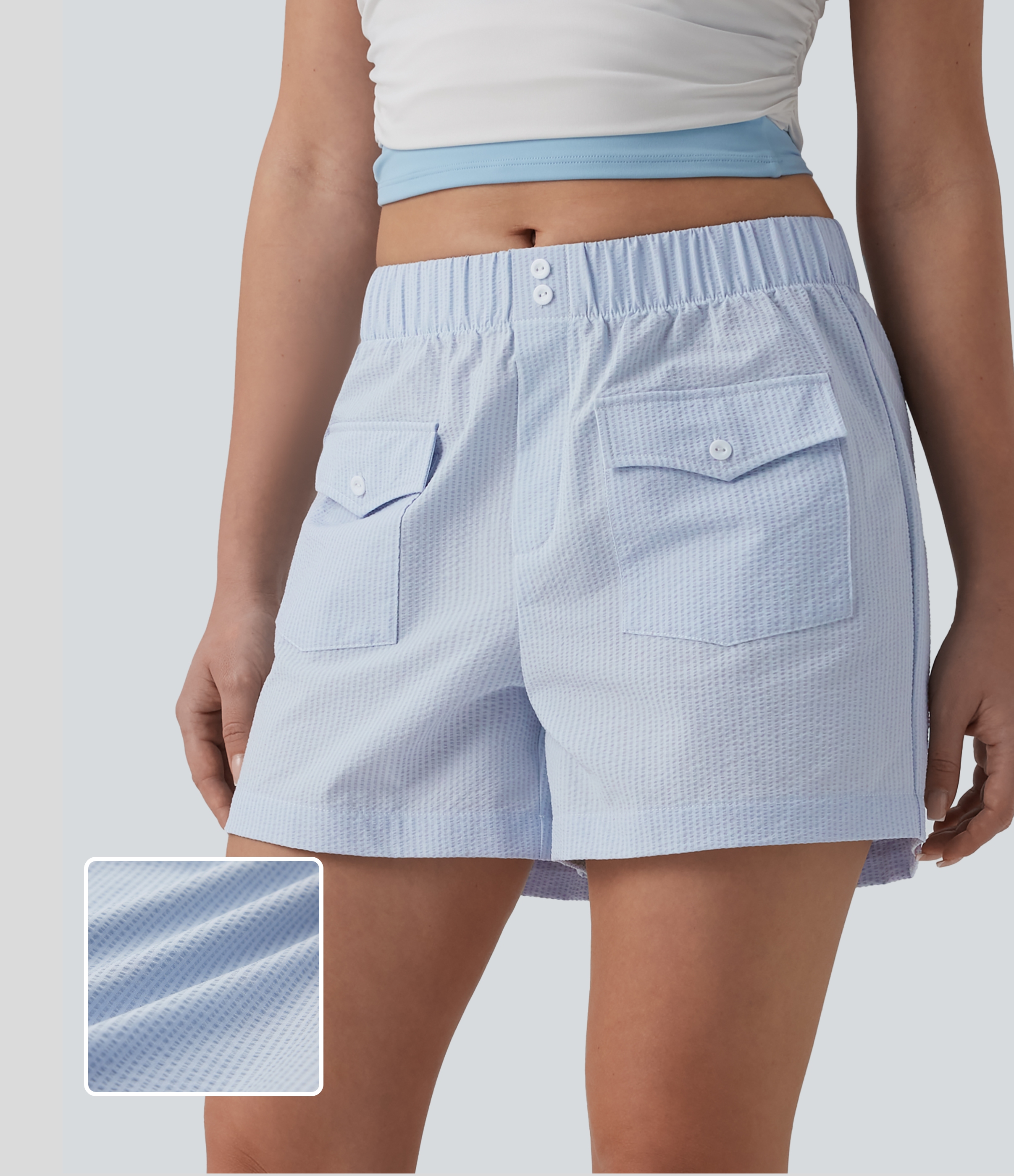 Mid Rise Quick Dry Crinkle Casual Baggy Shorts with Flap Pockets