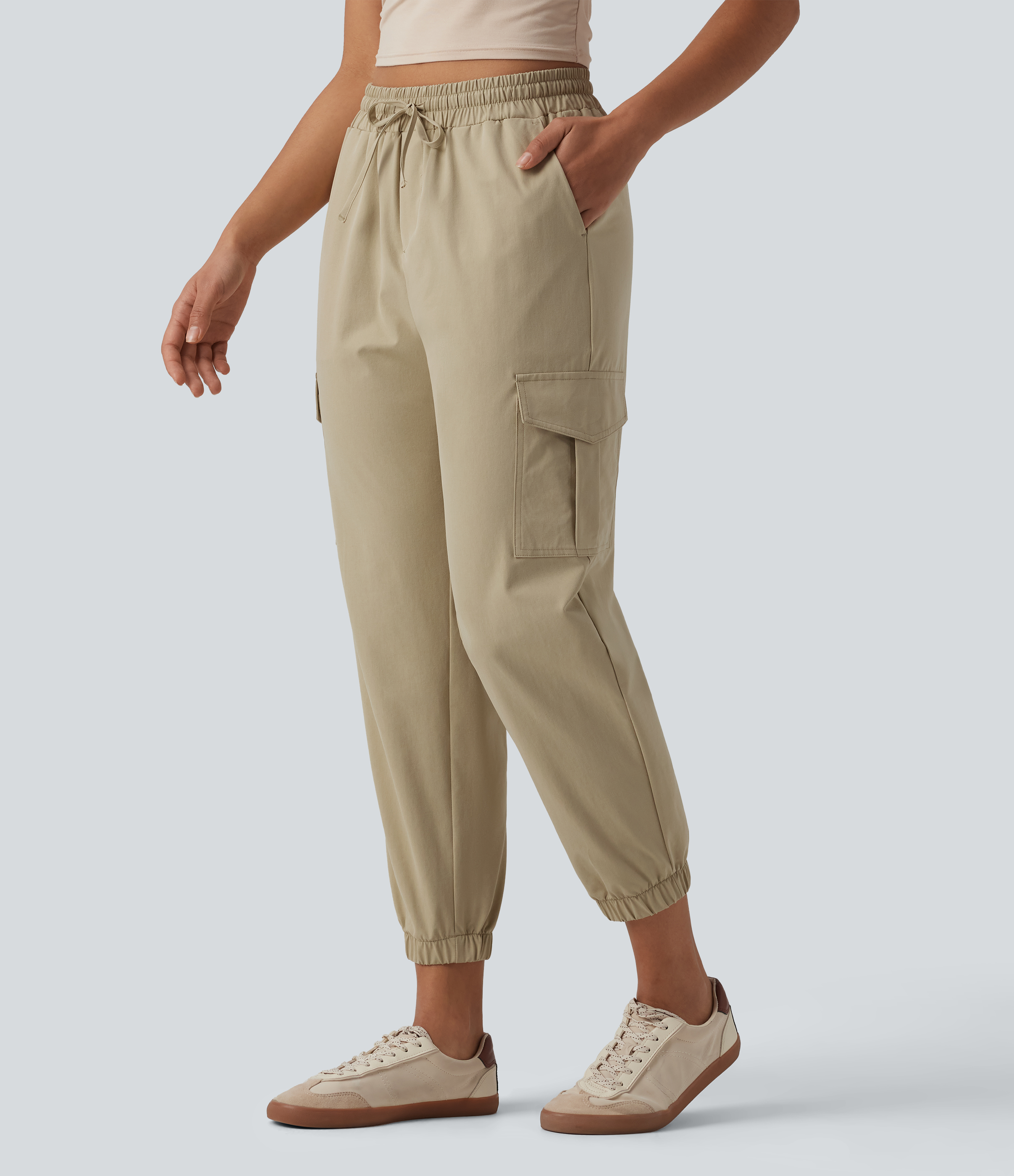 Mid Rise Drawstring Stretchy Poplin Casual Cargo Joggers with Pockets