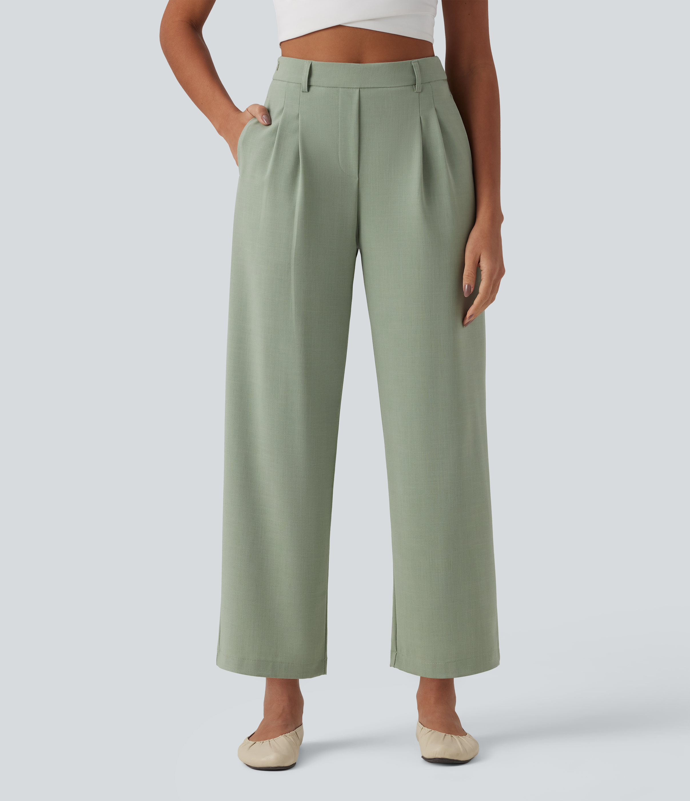 High Waisted Invisible Zipper Pleated Linen-Feel Casual Baggy Pants with Pockets