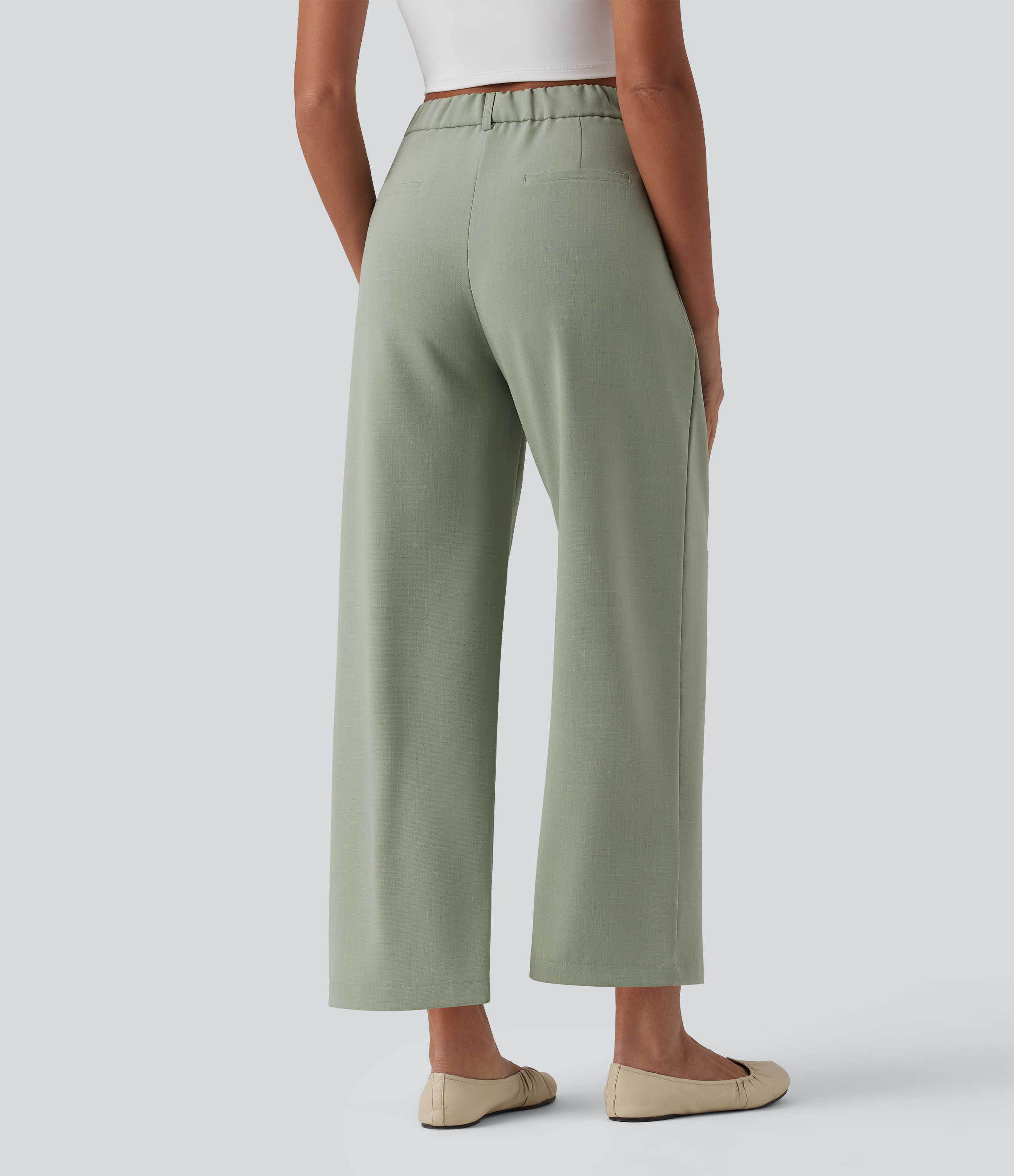 Meadow Sage Pantaloni casual ampi a vita alta con cerniera invisibile, pieghe ed effetto lino, dotati di tasche / 2