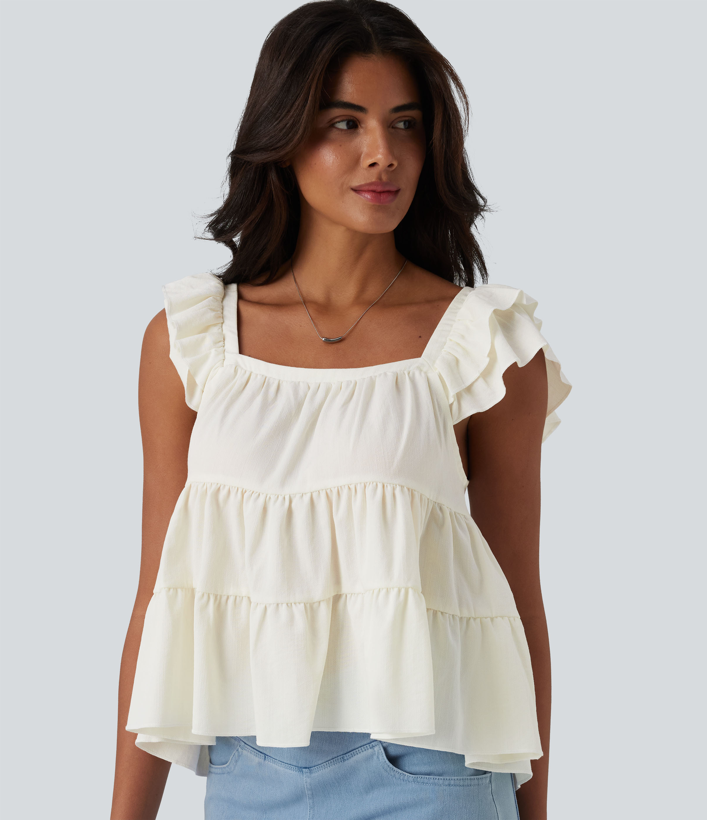Camiseta de tacto lino con escote cuadrado, mangas con volante y bajo con volante