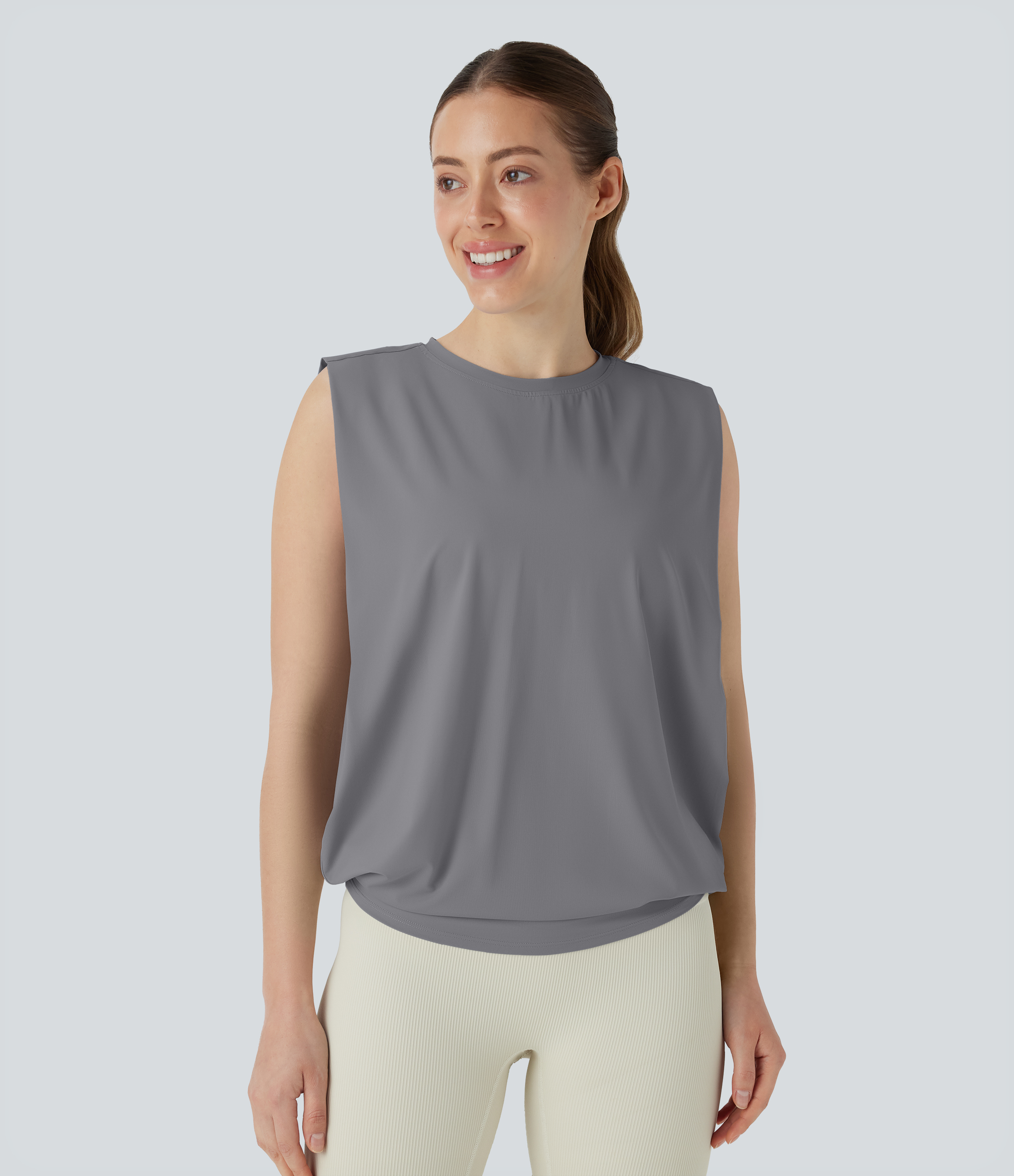 Round Neck Ruched InstantCool Yoga Tank Top-UPF50+