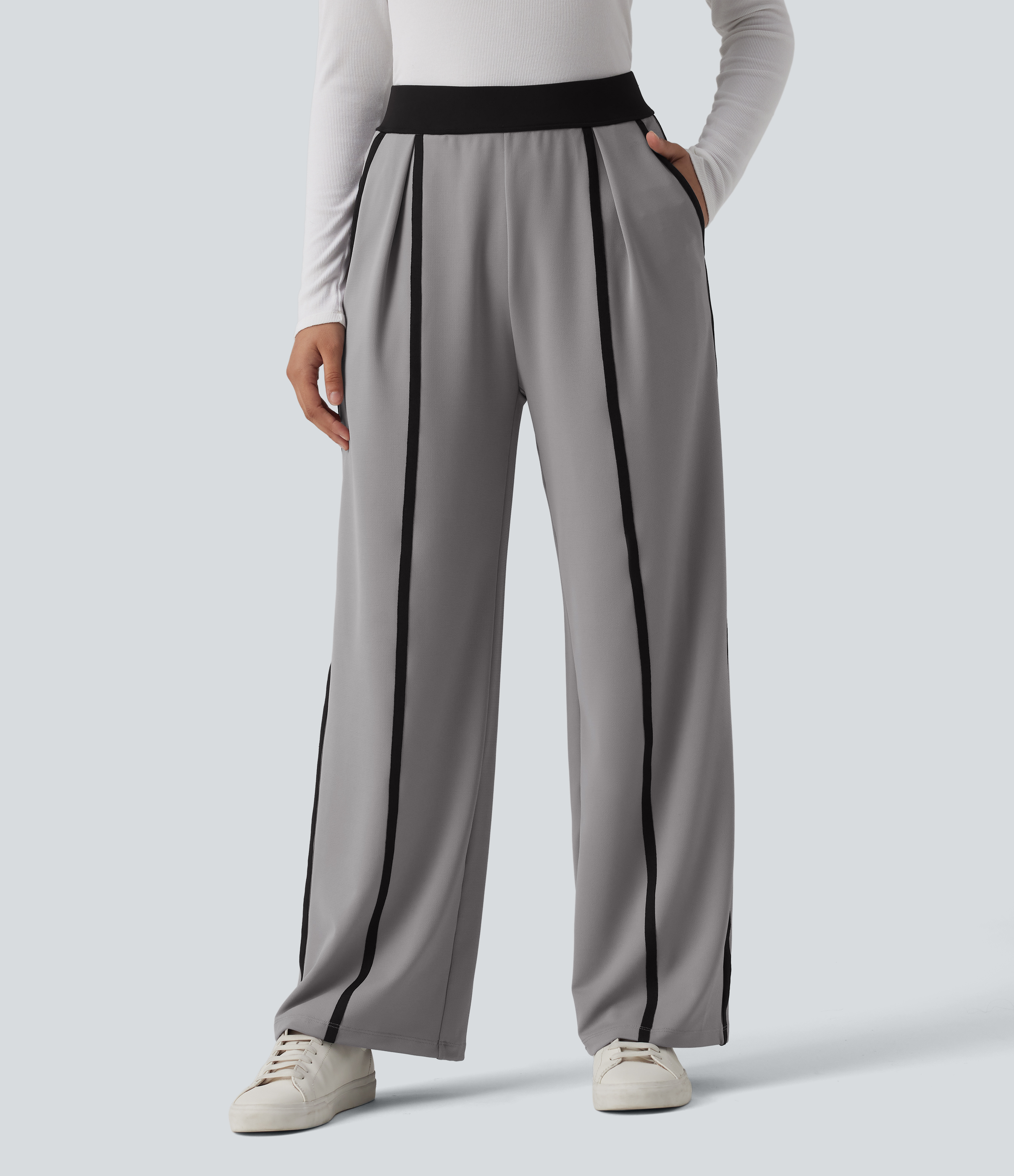 Halara Flex™ High Waisted Straight Leg Color Block Stripe Crepe Work Pants with Pockets