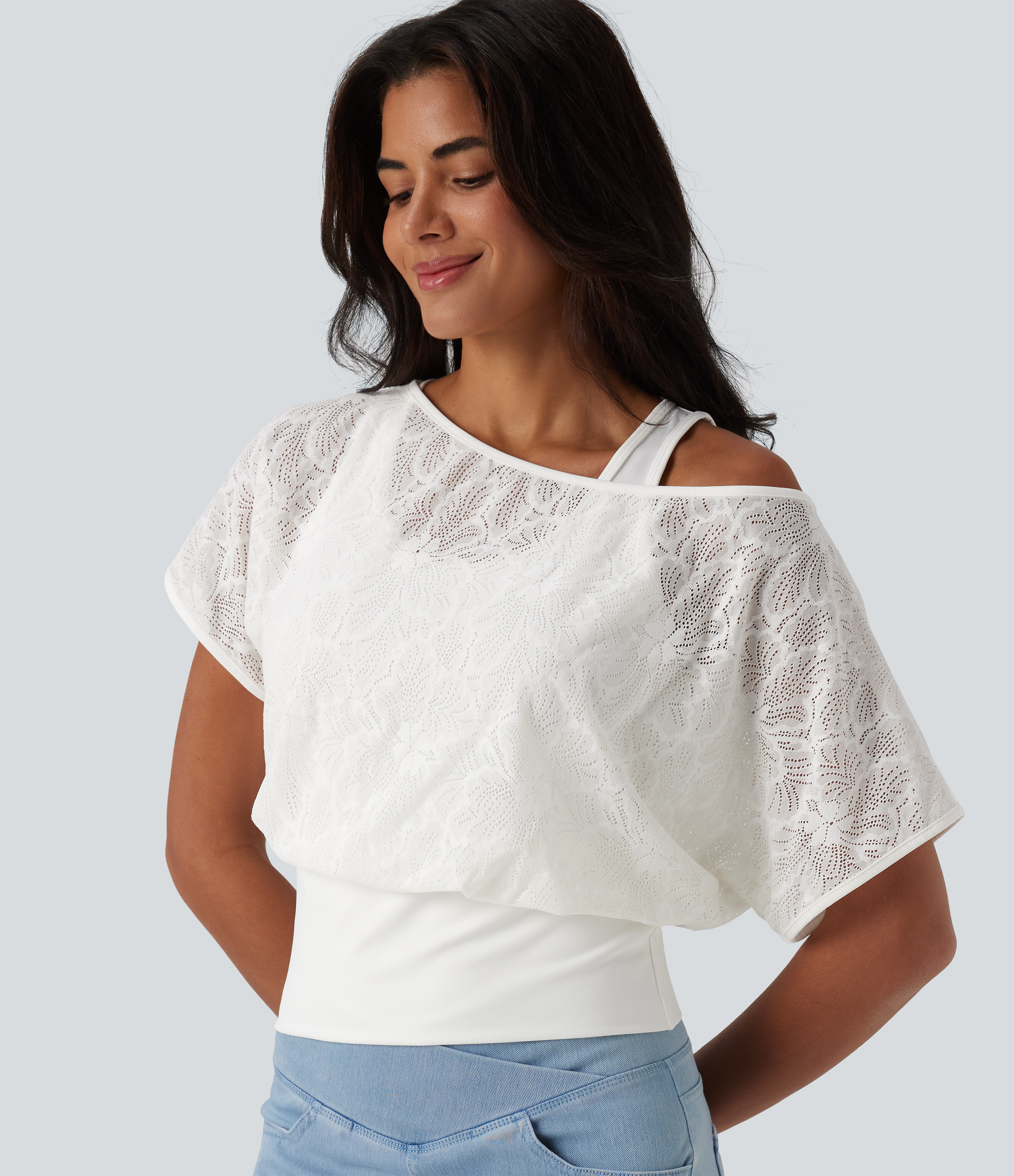 One Shoulder Short Sleeve 2-in-1 Contrast Lace Casual Top