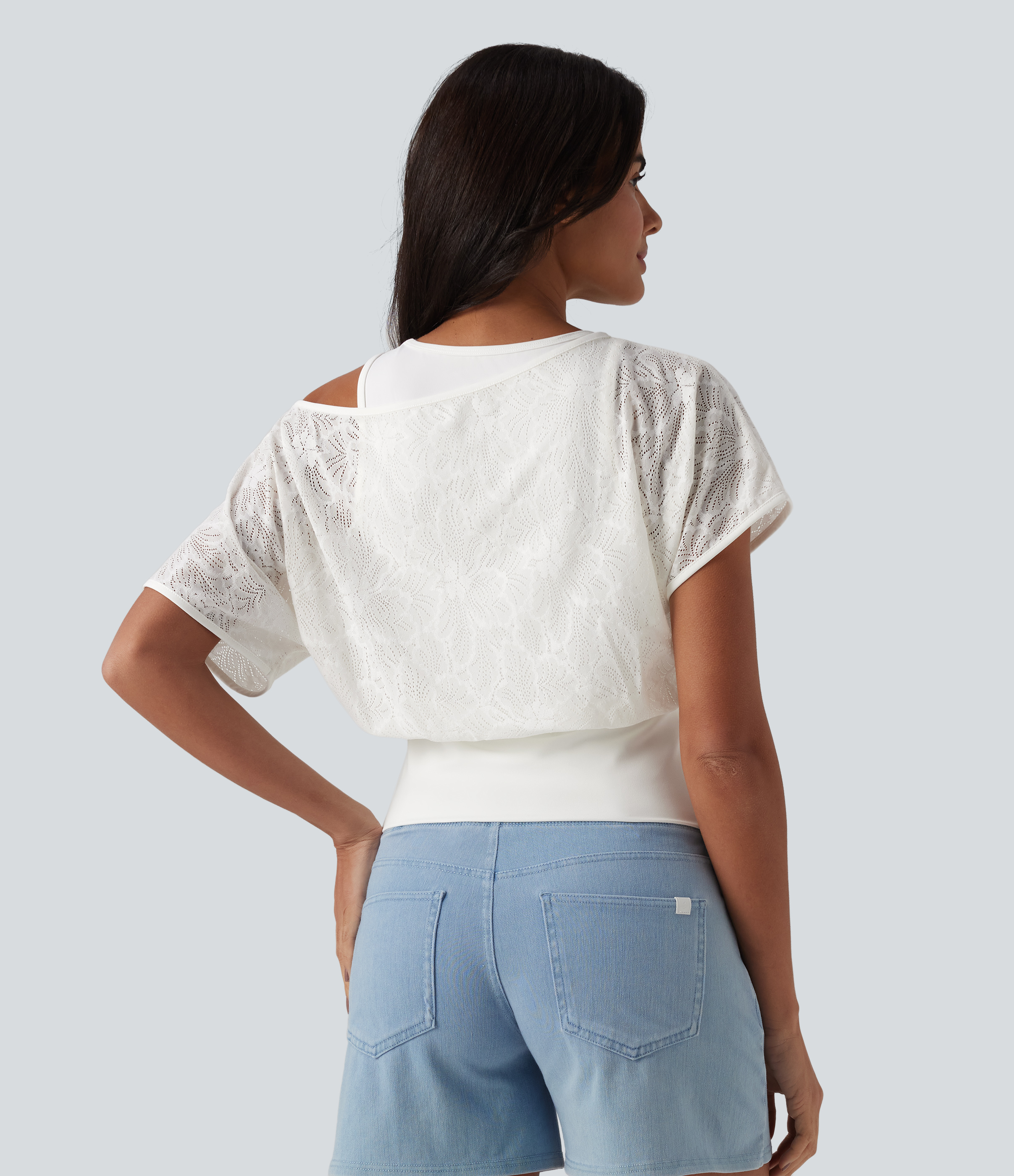 White One Shoulder Short Sleeve 2-in-1 Contrast Lace Casual Top / 2