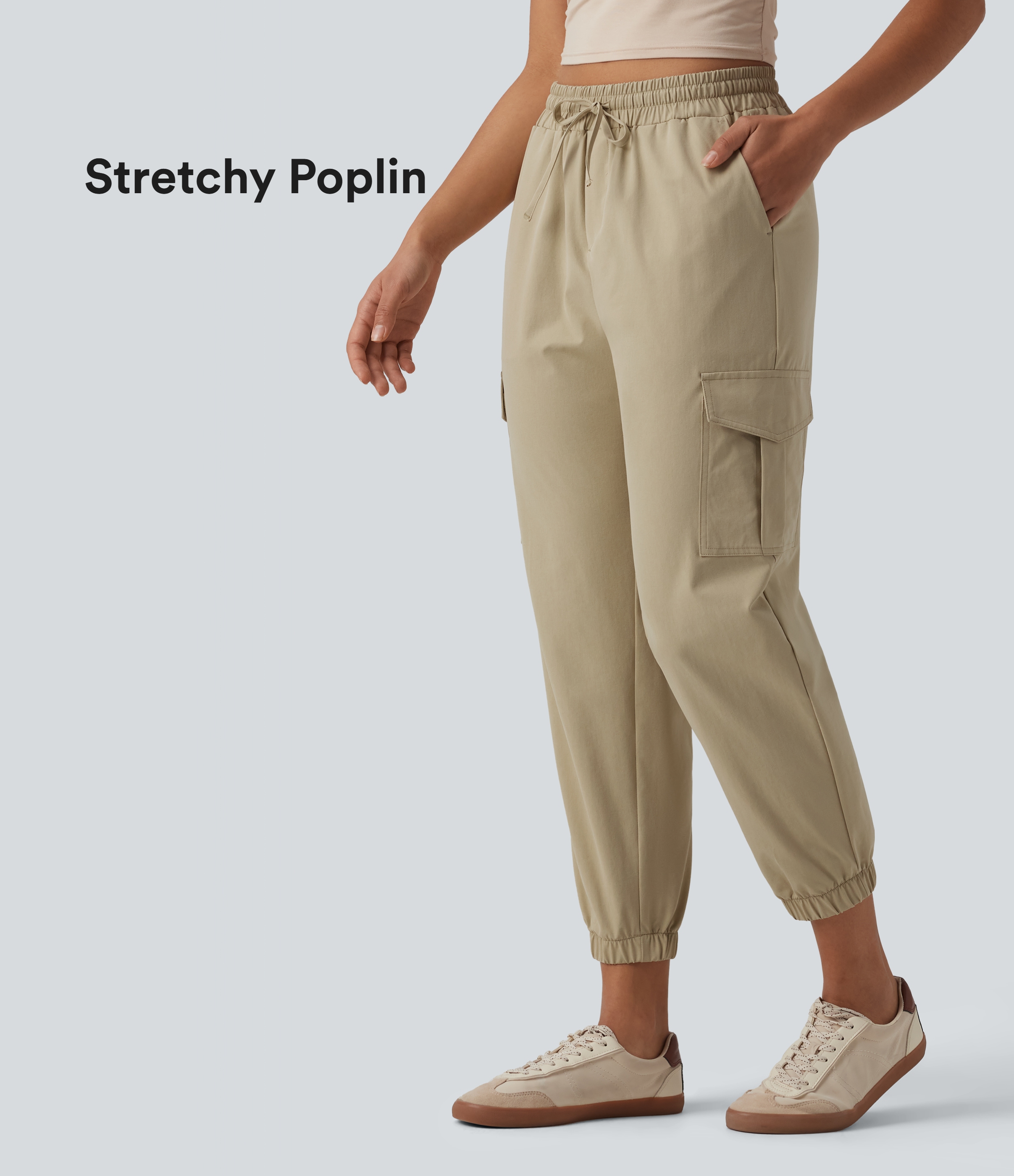 Mid Rise Drawstring Stretchy Poplin Casual Cargo Joggers with Pockets