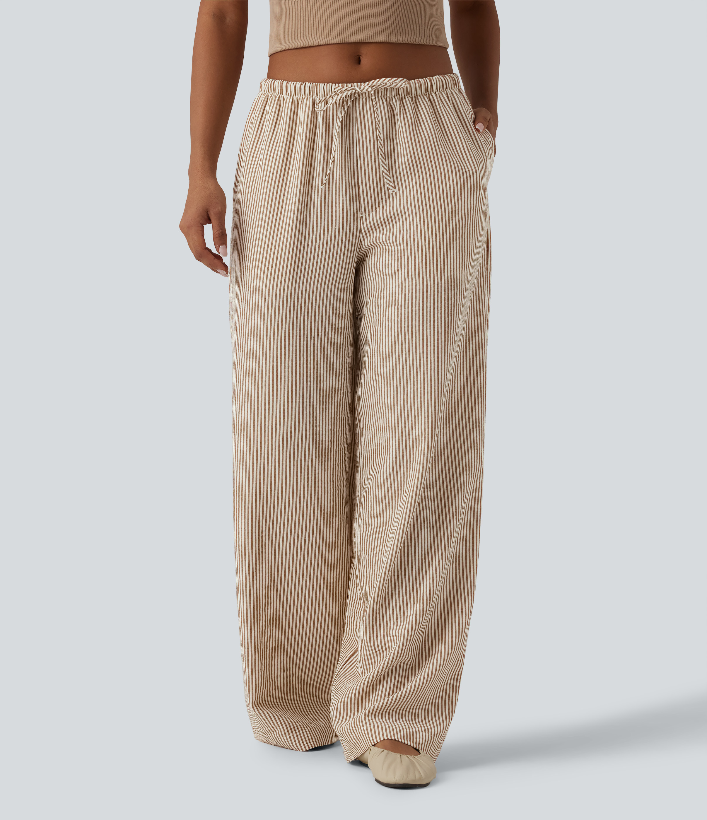 Low Rise Drawstring Stripes Linen-Feel Casual Baggy Pants with Pockets