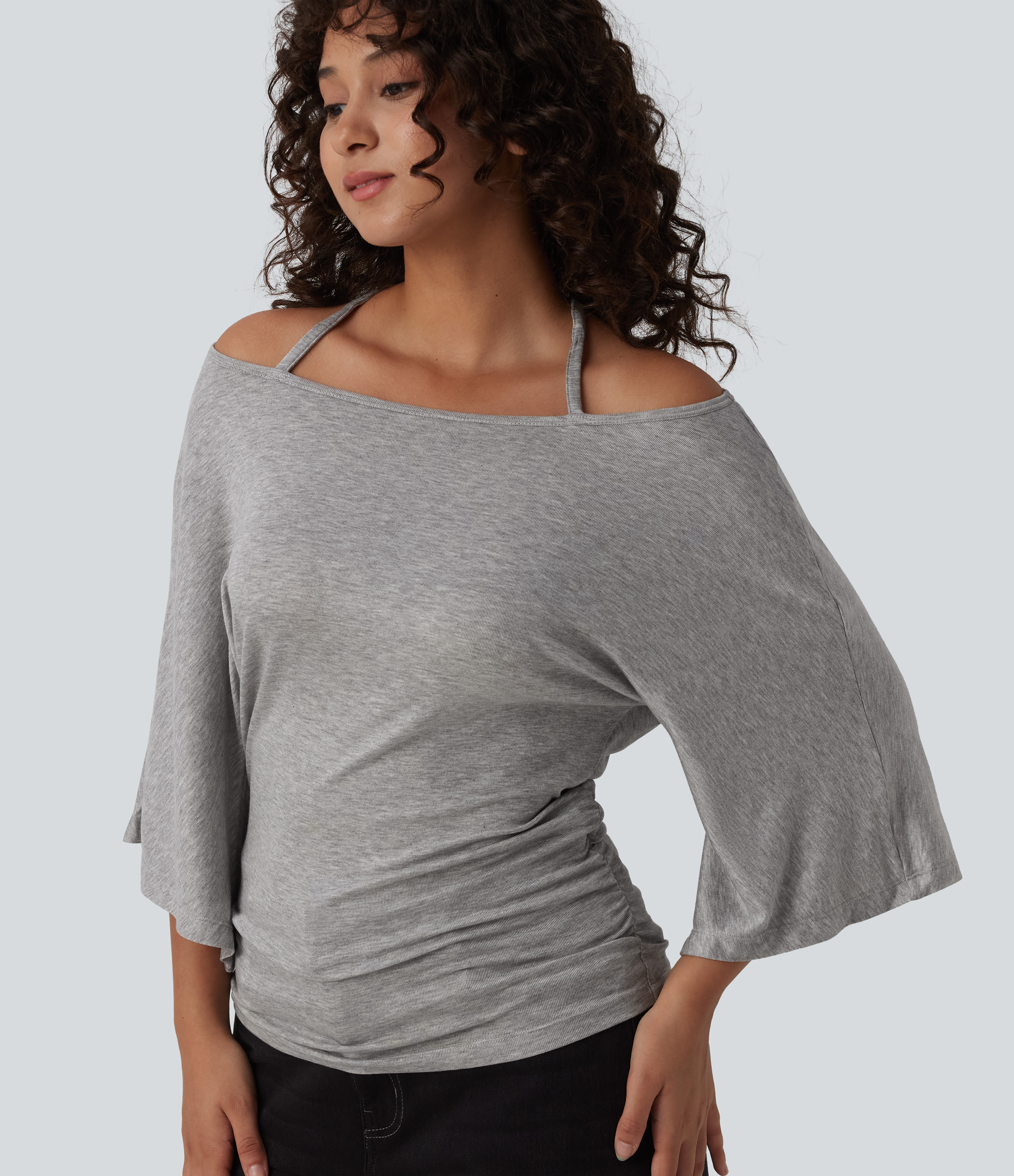 Ribbed Heathered Off-shoulder Batwing 3/4 Sleeve Ruched Casual Halter Top