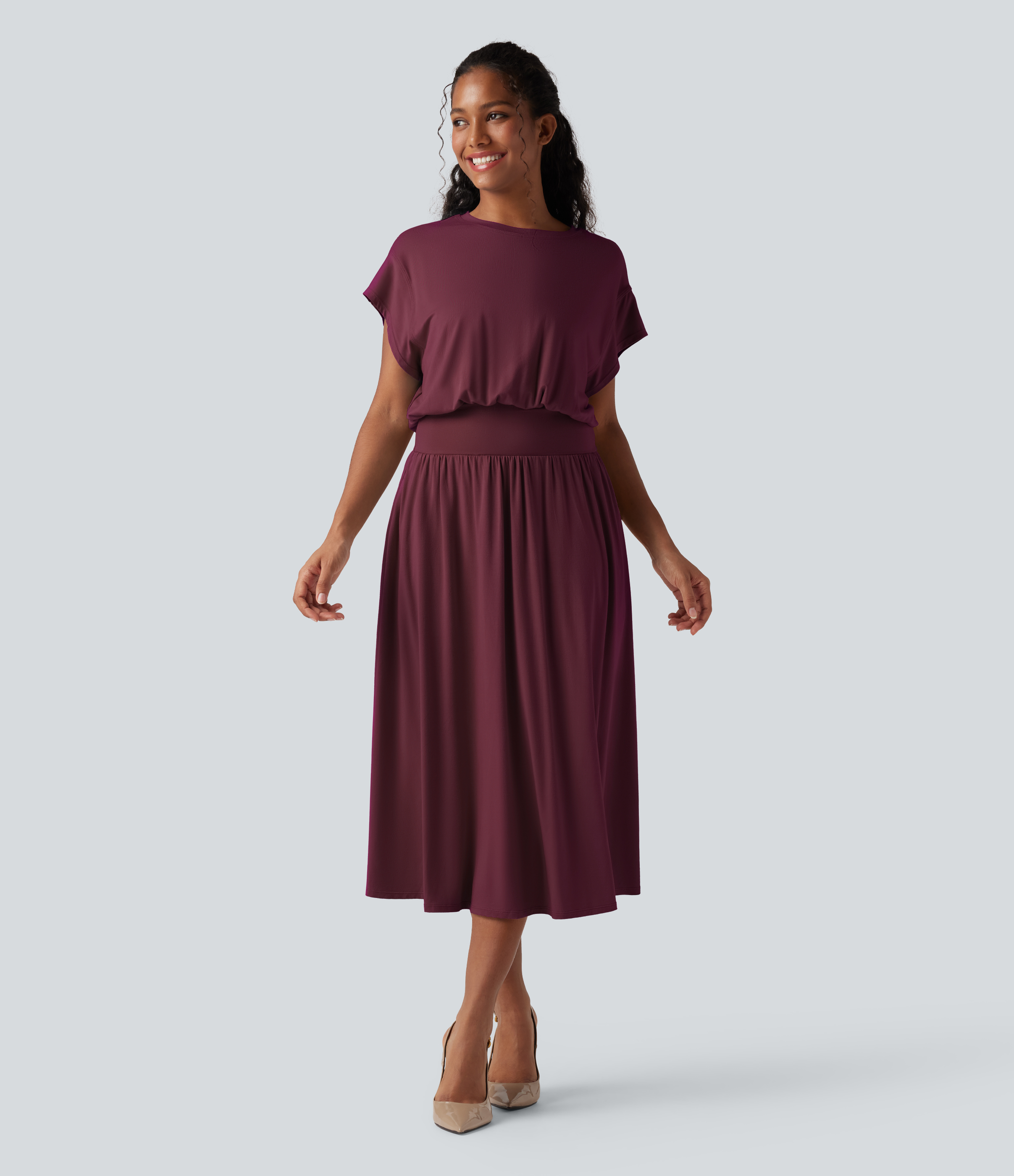 Tummy Control Batwing Sleeve Flowy Midi Work Dress with Pockets