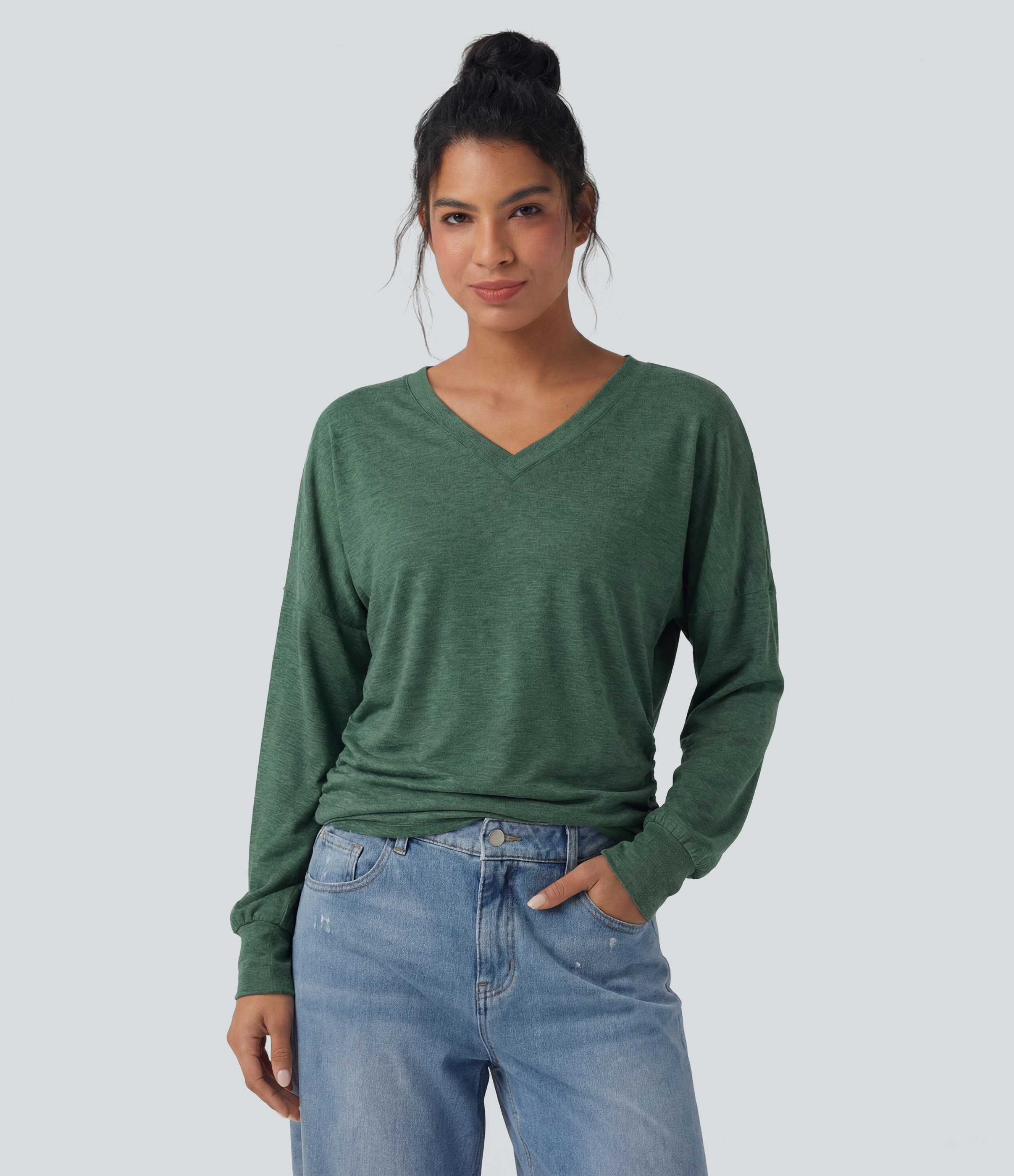 V Neck Long Sleeve Ruched Relaxed Casual T-Shirt