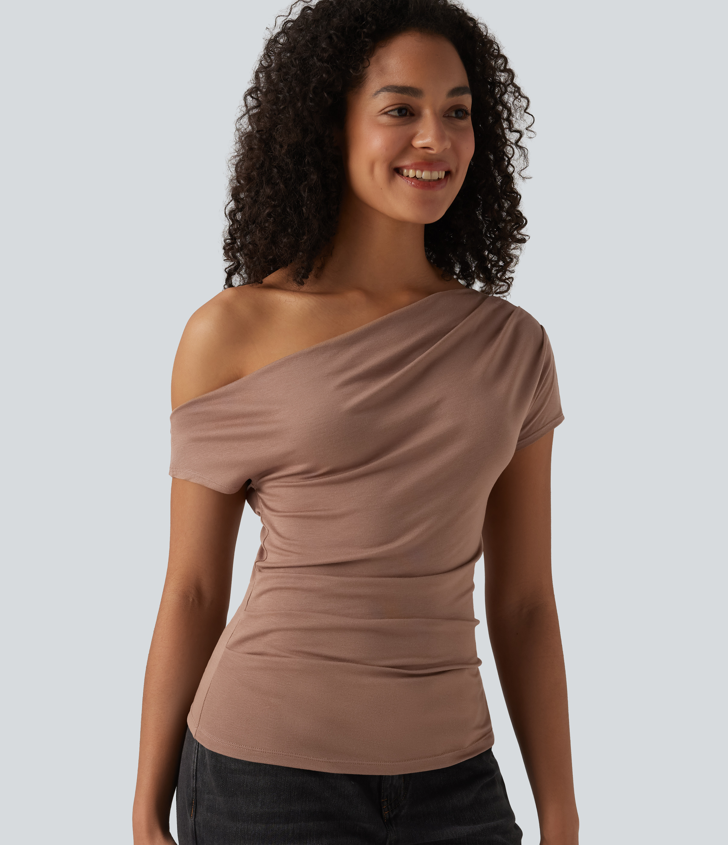 Ribbed One Shoulder Short Sleeve Casual Top