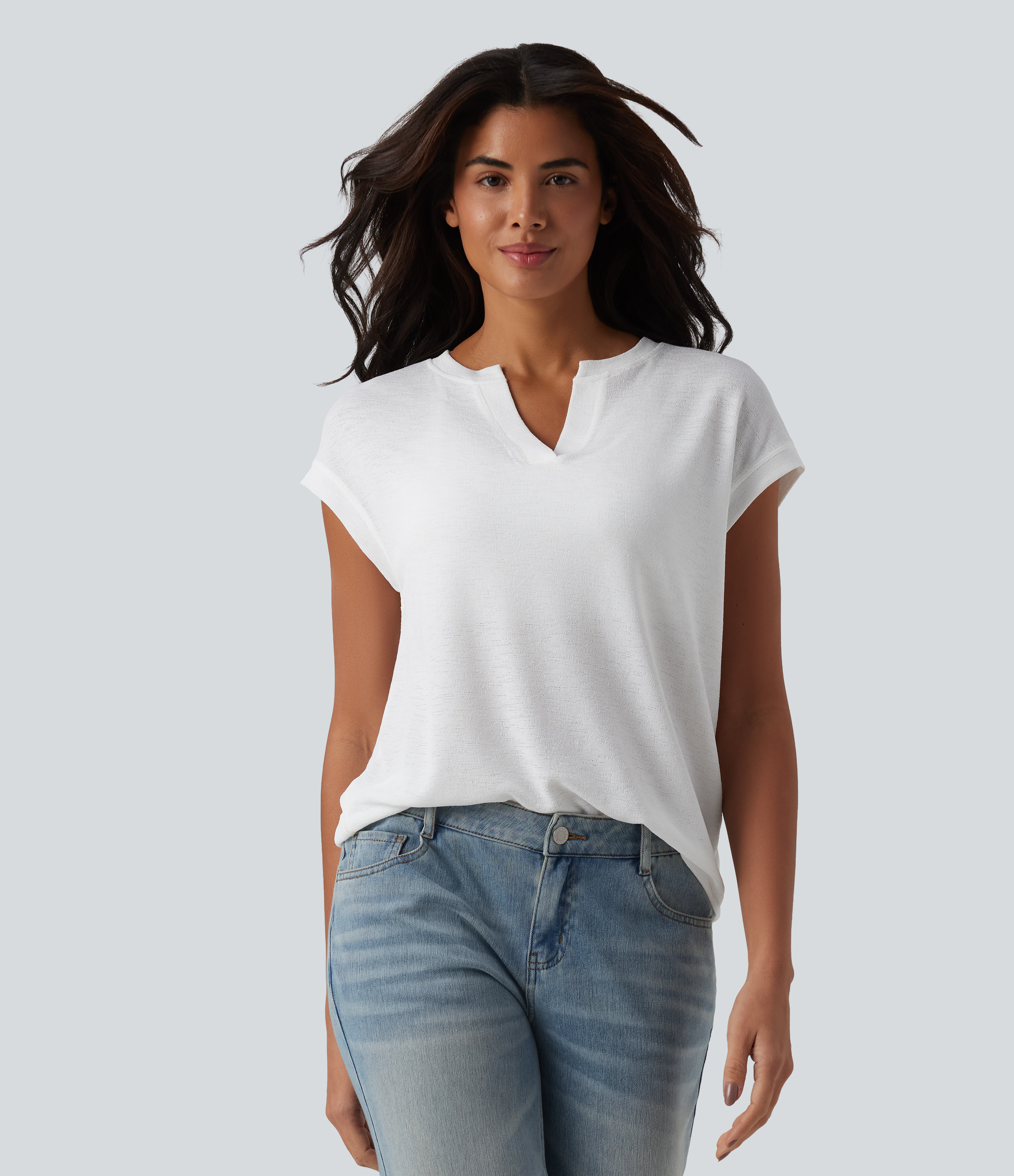 Semi Sheer Notched Short Sleeve Casual T-Shirt