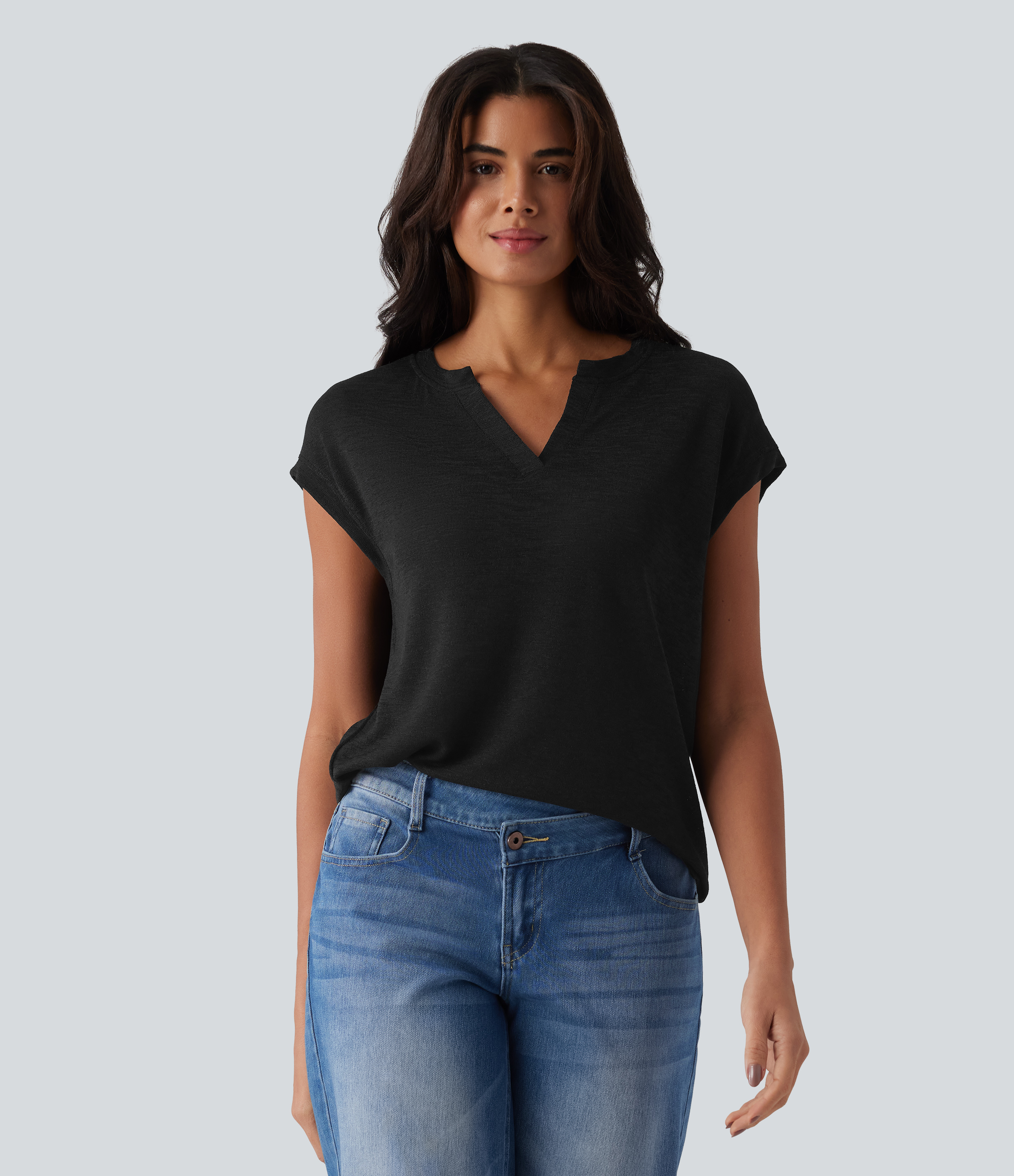 Semi Sheer Notched Short Sleeve Casual T-Shirt