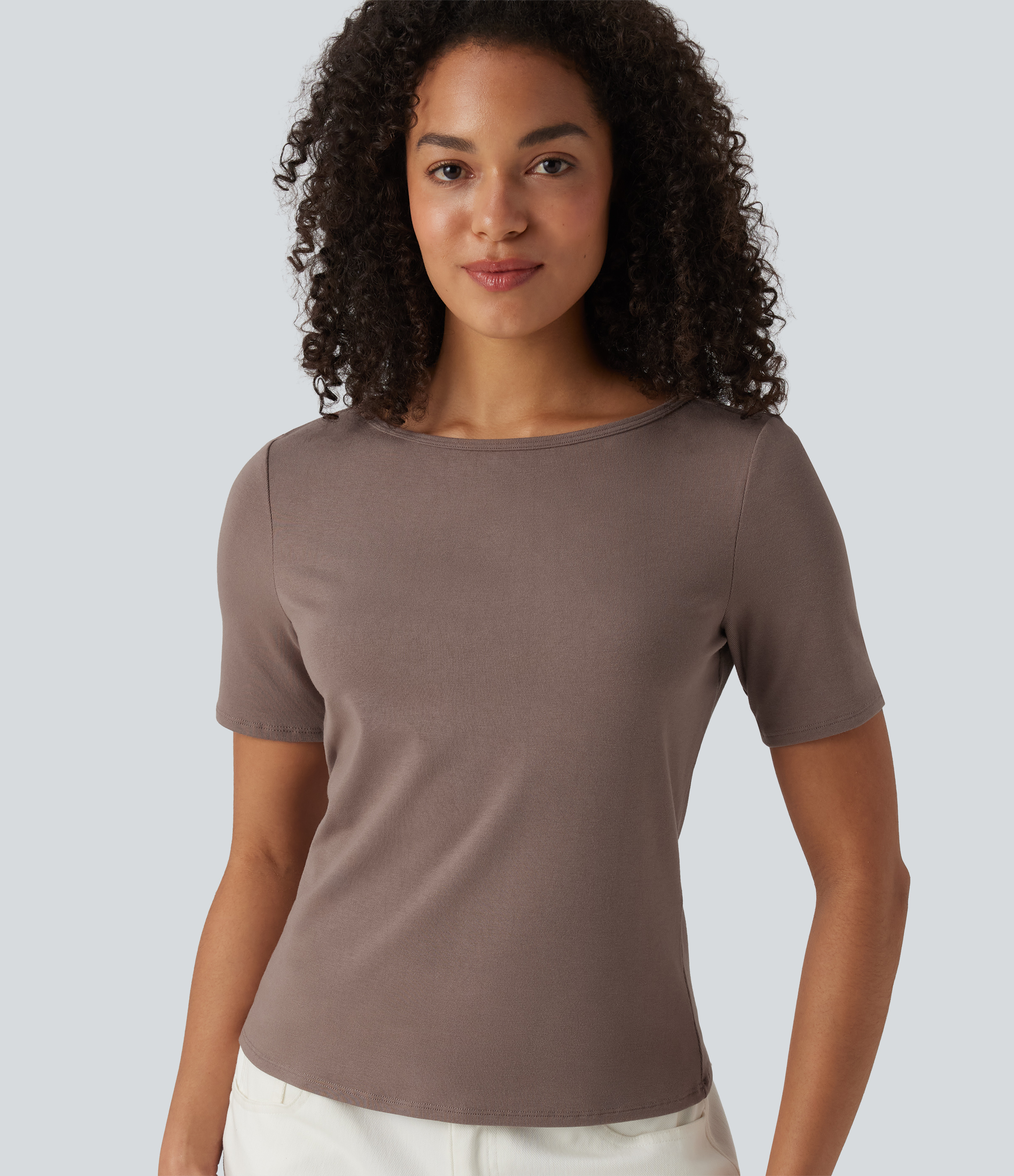 Ribbed Knit Boat Neck Short Sleeve Casual T-Shirt