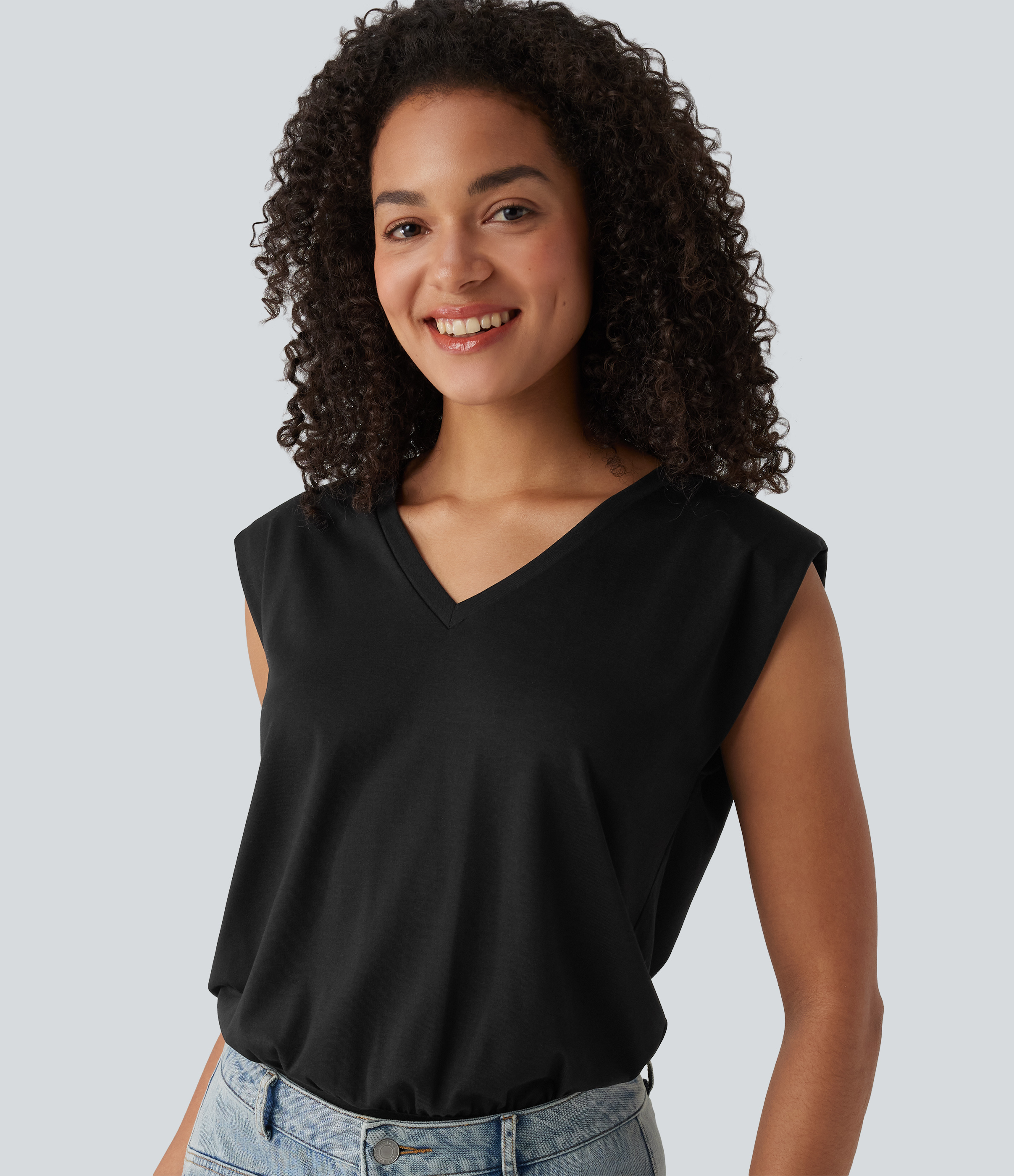 V-neck Cap Sleeve Casual Bodysuit with Shoulder Pads