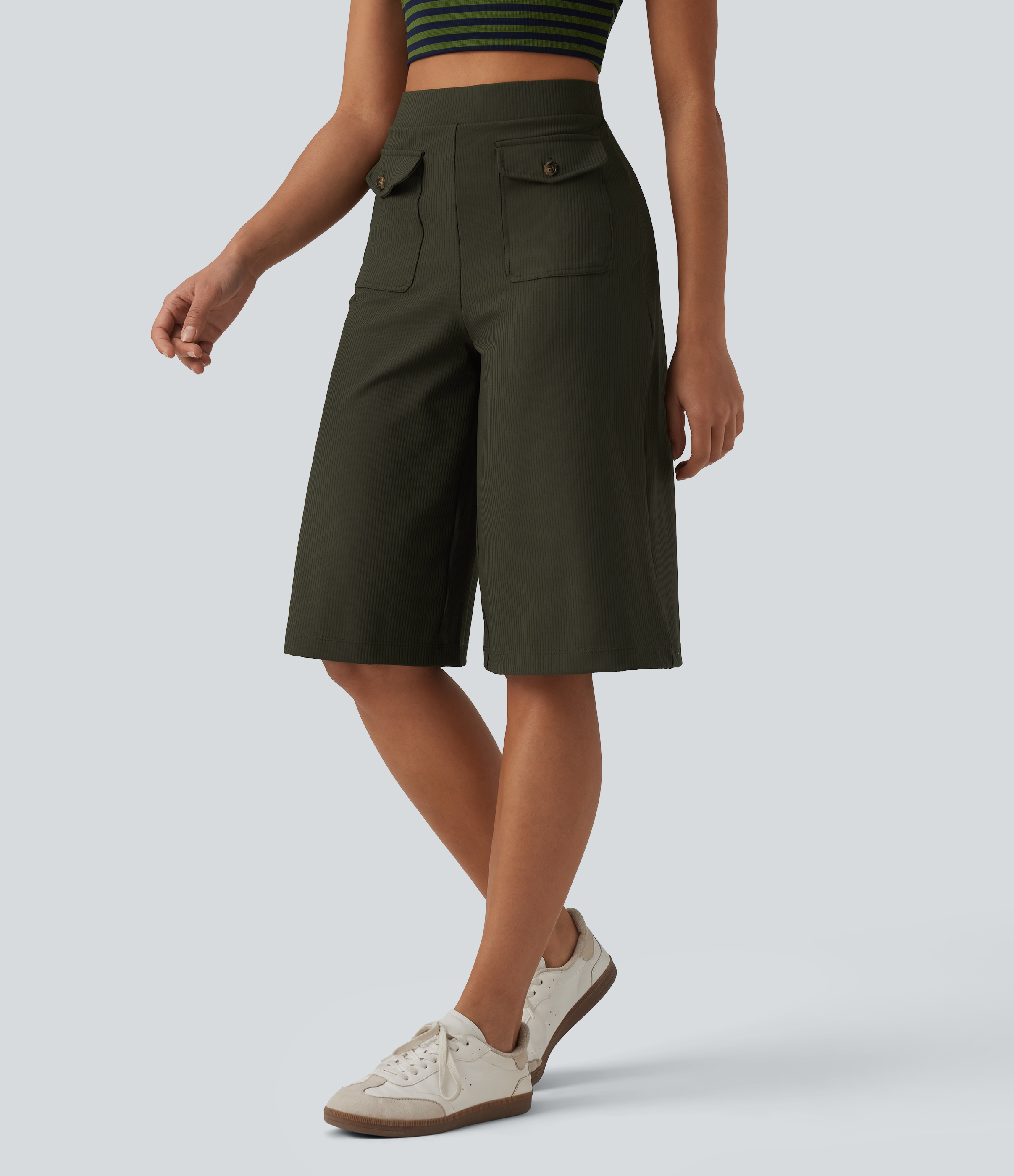 Pantalon 7/8 large décontracté maille côtelée à séchage rapide taille haute avec poches à rabat - UPF50+