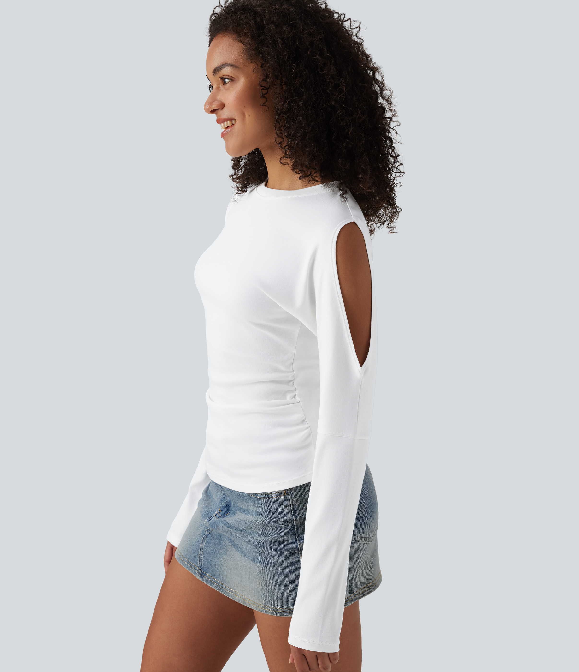 Round Neck Long Sleeve Cut Out Casual Cotton T-Shirt