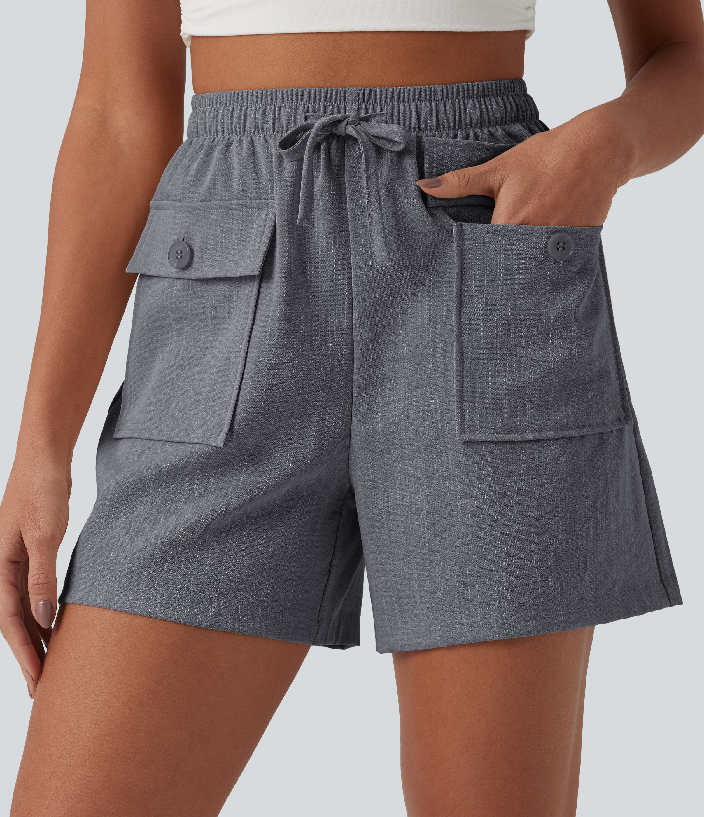 Lässige Shorts in Leinenoptik mit hohem Bund, Seitentaschen und Kordelzug