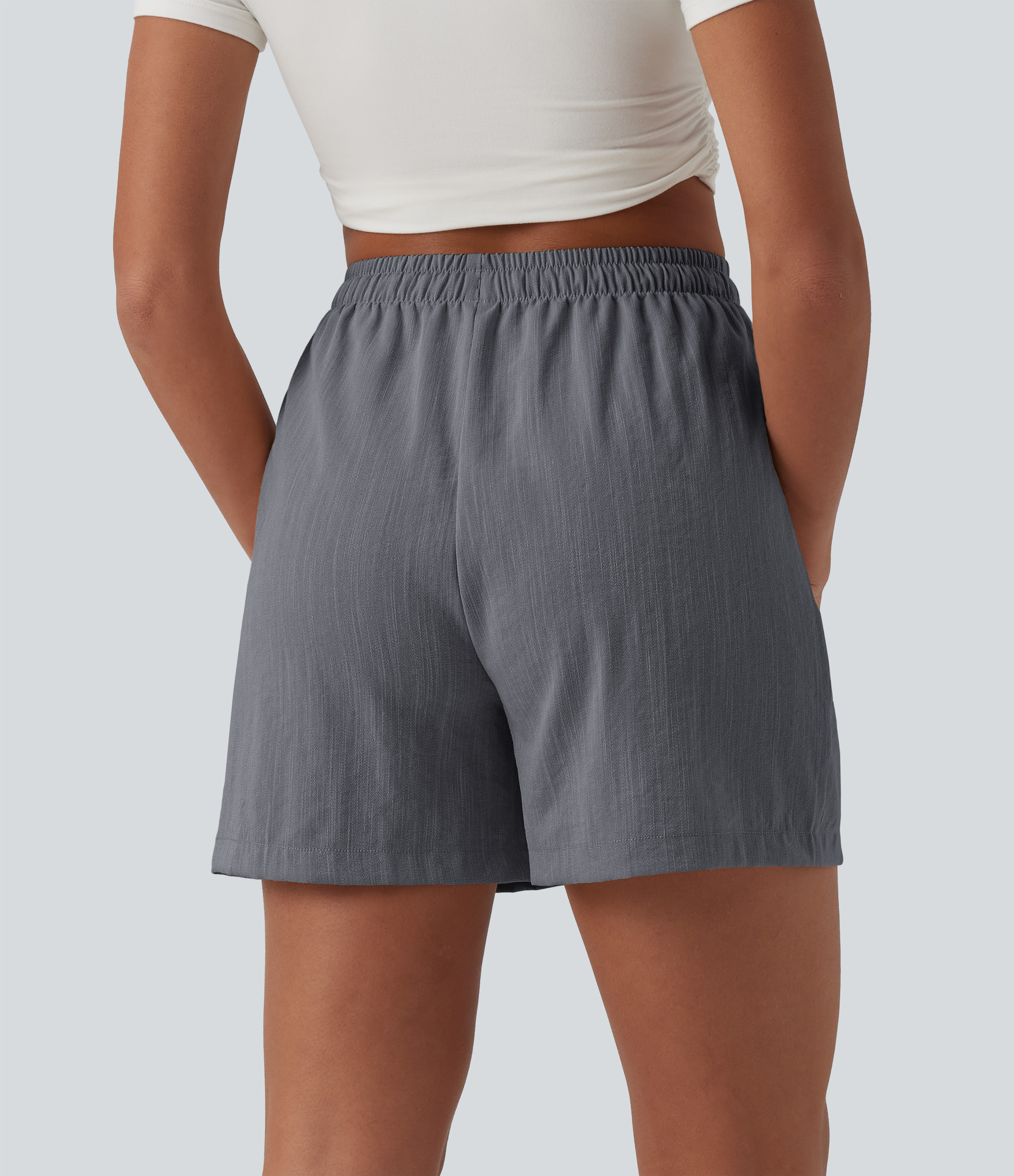 Obsidian Weave Lässige Shorts in Leinenoptik mit hohem Bund, Seitentaschen und Kordelzug / 2