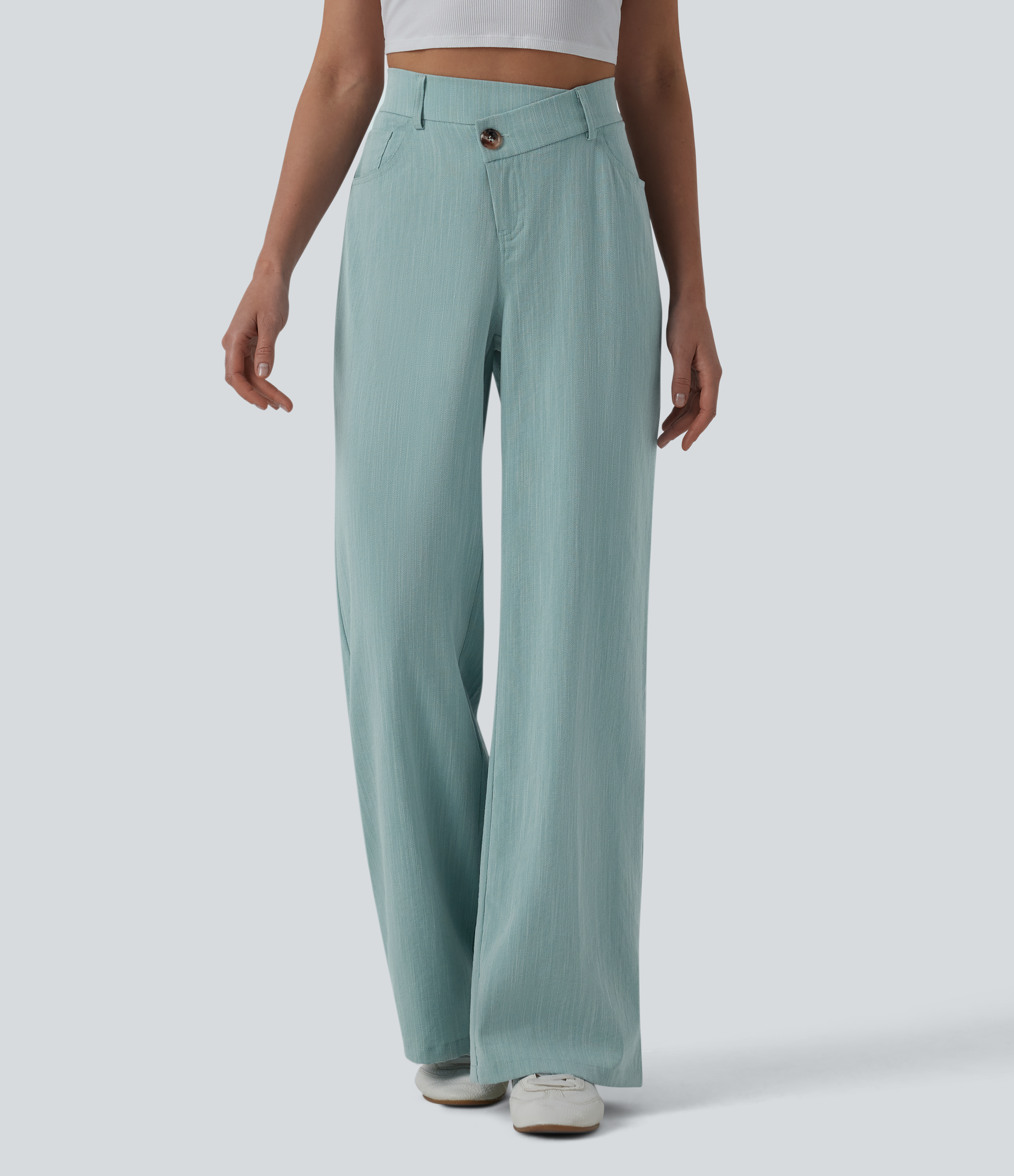 Lässige Baggy-Pants in Leinenoptik mit hohem Crossover-Bund und mehreren Taschen