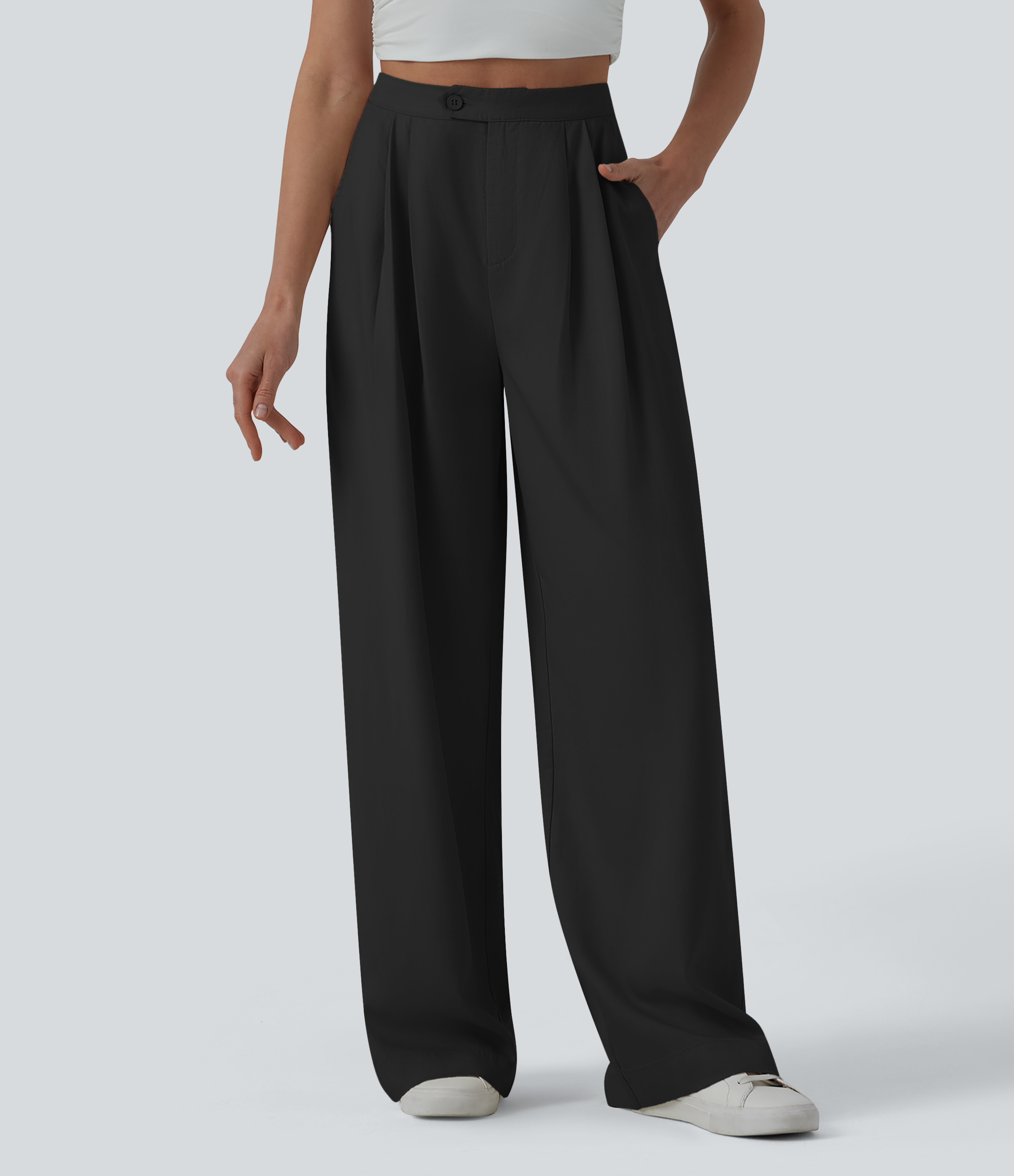 High Waisted Pleated Wide Leg Baggy Draped Flowy Linen Casual Pants with Pockets