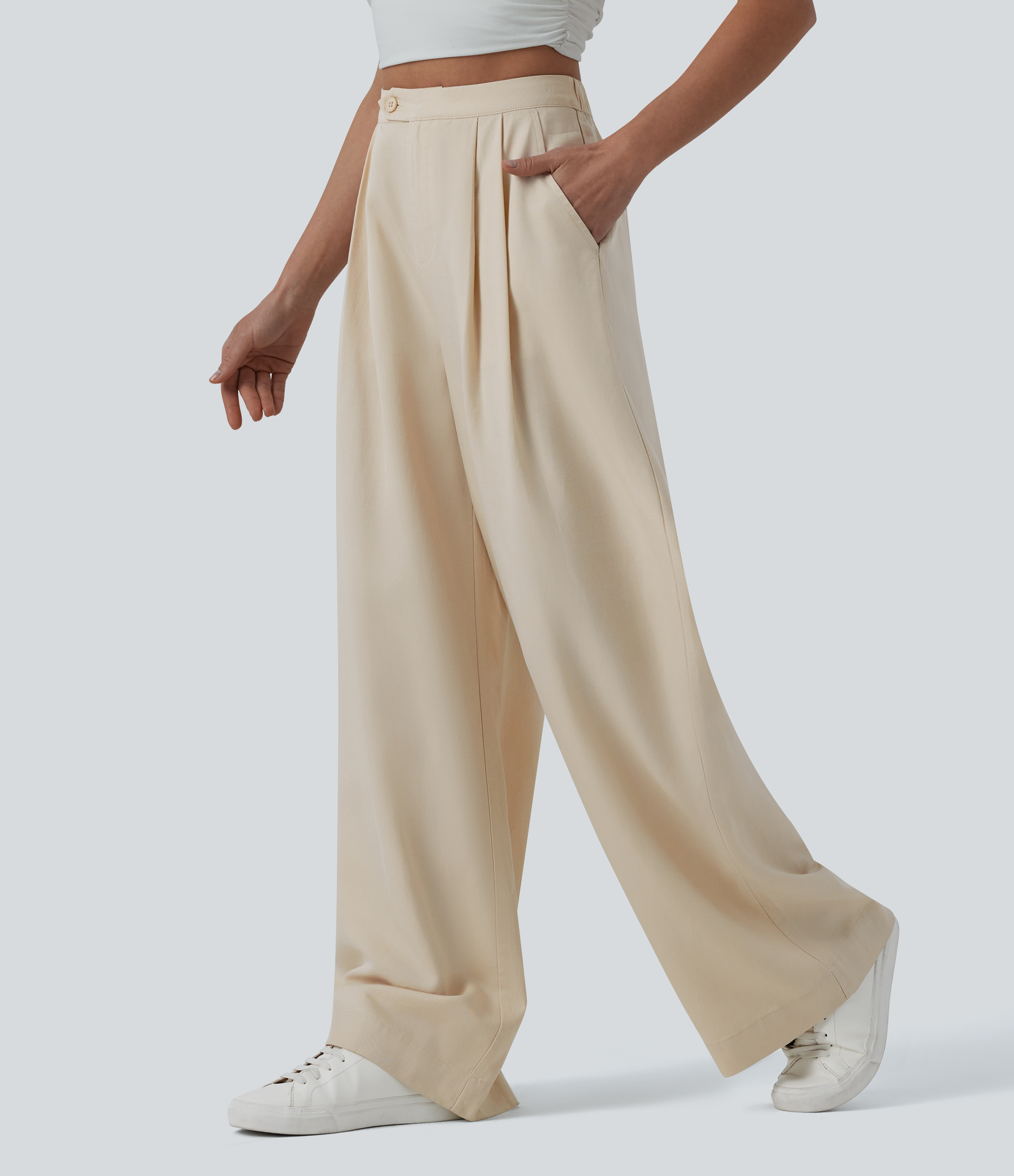 High Waisted Pleated Wide Leg Draped Flowy Linen Casual Pants with Pockets