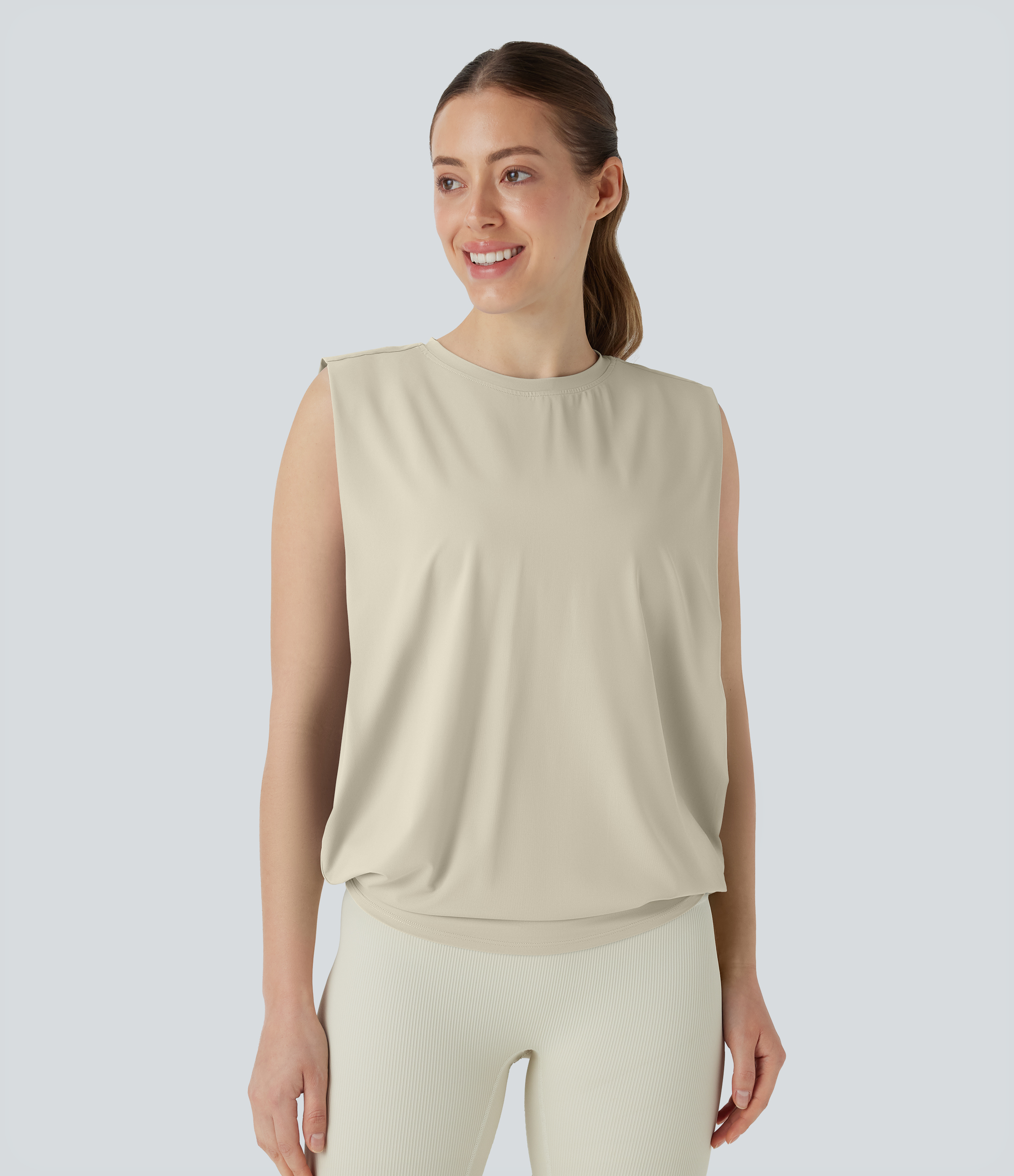 Top de Yoga de Cuello Redondo con Fruncido y Tacto Fresco-UPF50+