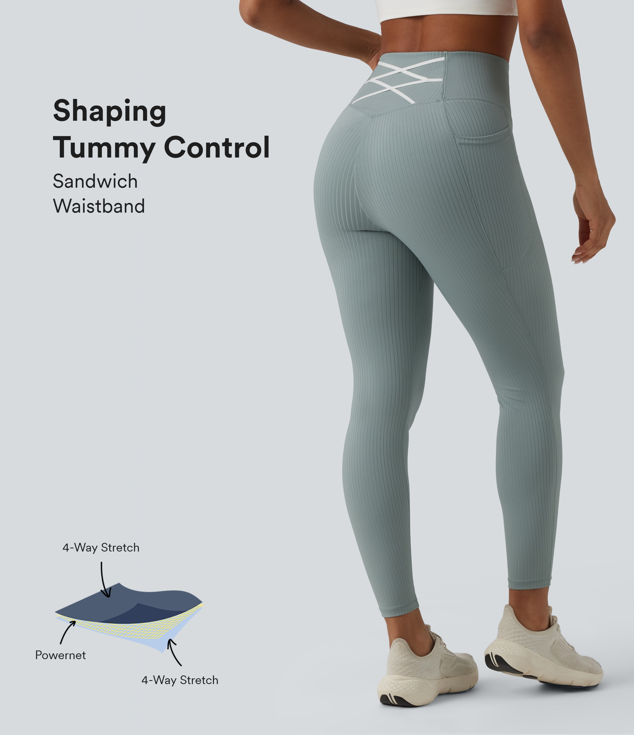 Ribbed Knit High Waisted Tummy Control Workout Leggings with Pockets