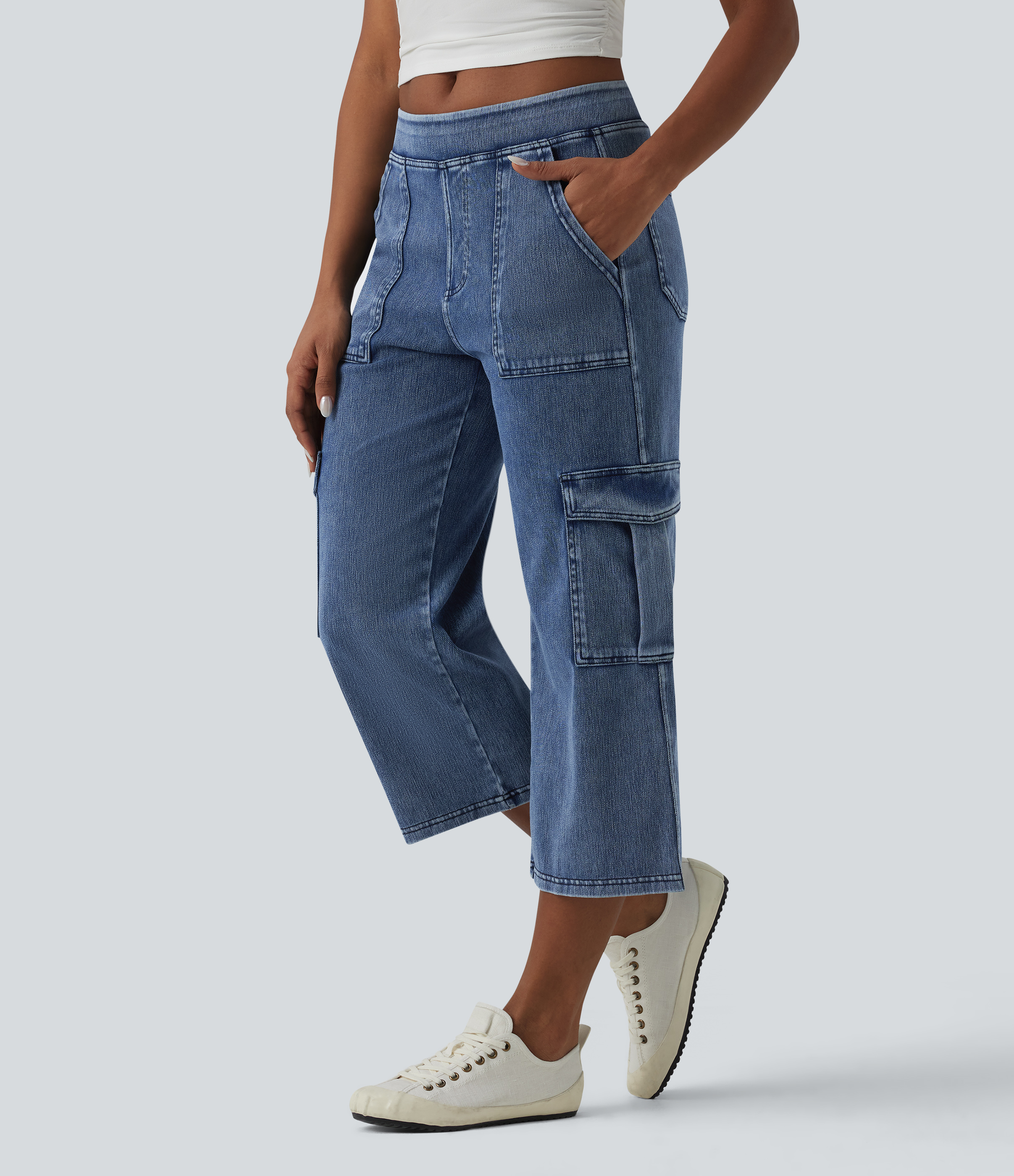 Halara Flex™ Mid Rise Straight Leg Cropped Lightweight Casual Cargo Jeans with Pockets