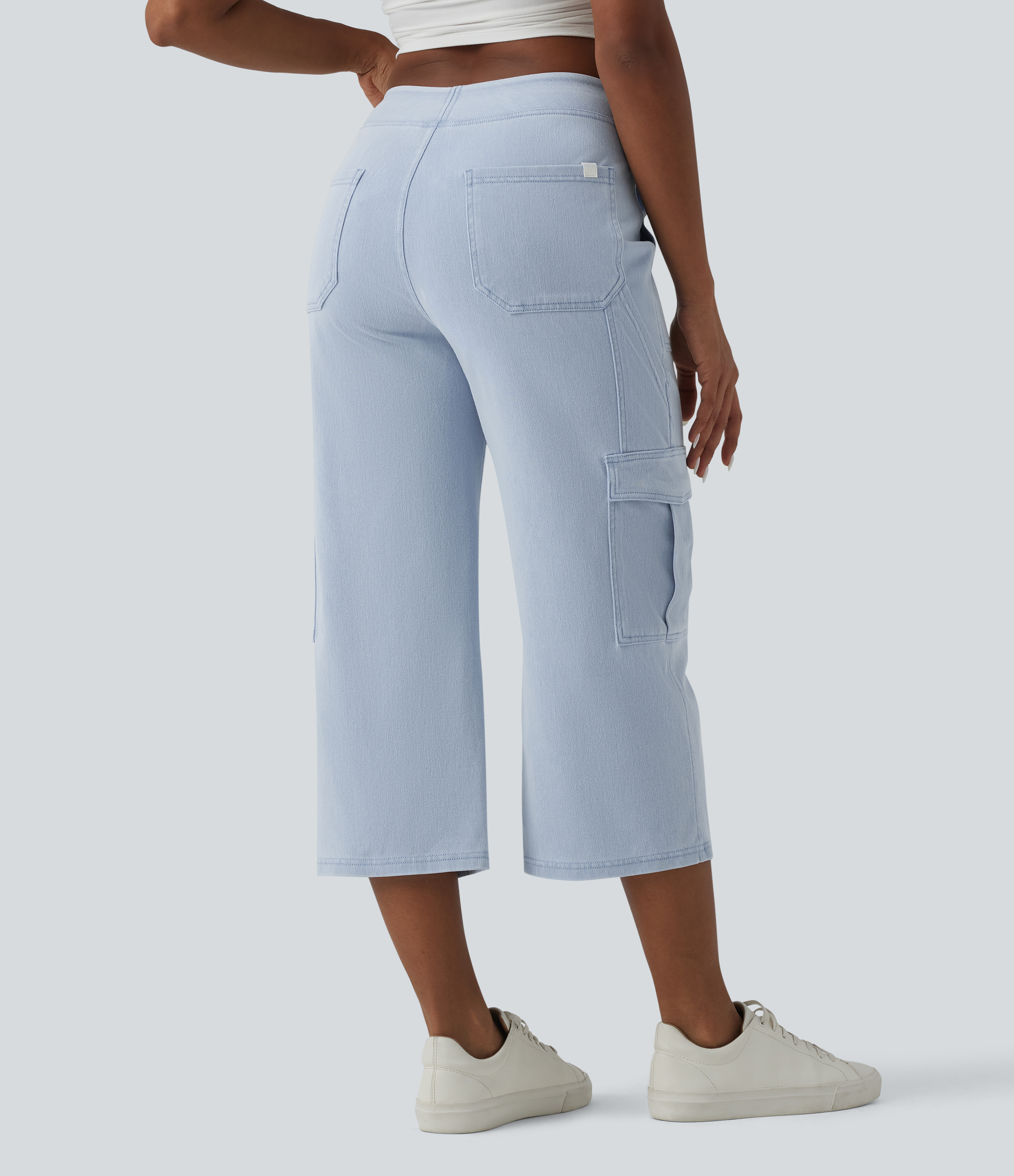 Denim Cyan Blue Halara Flex™ jeans cargo décontractés, taille mi-haute, jambe droite, longueur raccourcie, avec poches / 2