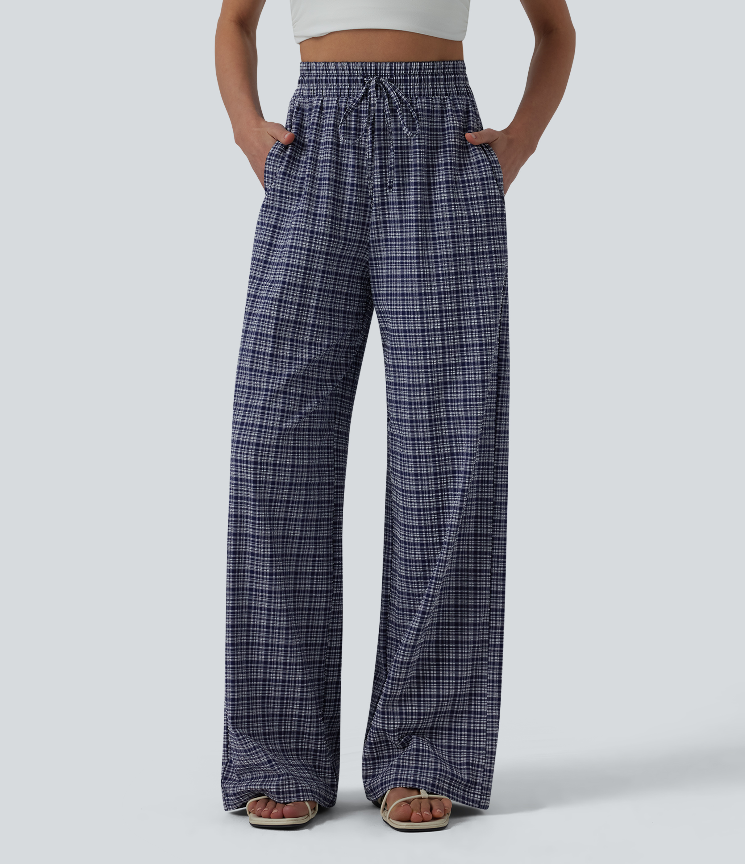 Lässige Hose mit hohem Bund, Reißverschlusstaschen, Kordelzug, Karomuster und weitem Bein - schnelltrocknend