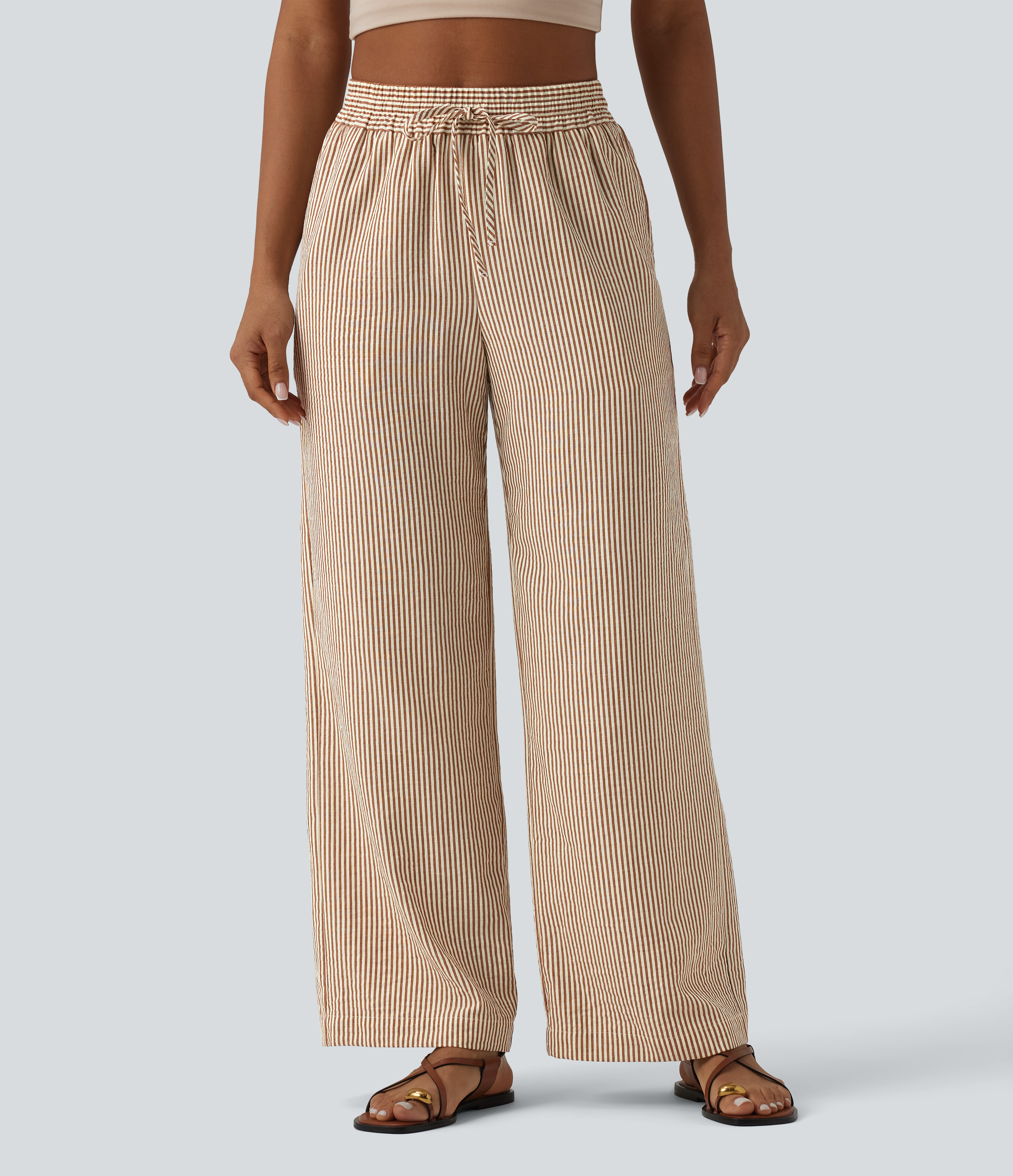 Pantalon large casual taille haute aspect lin rayures avec cordon de serrage et poches