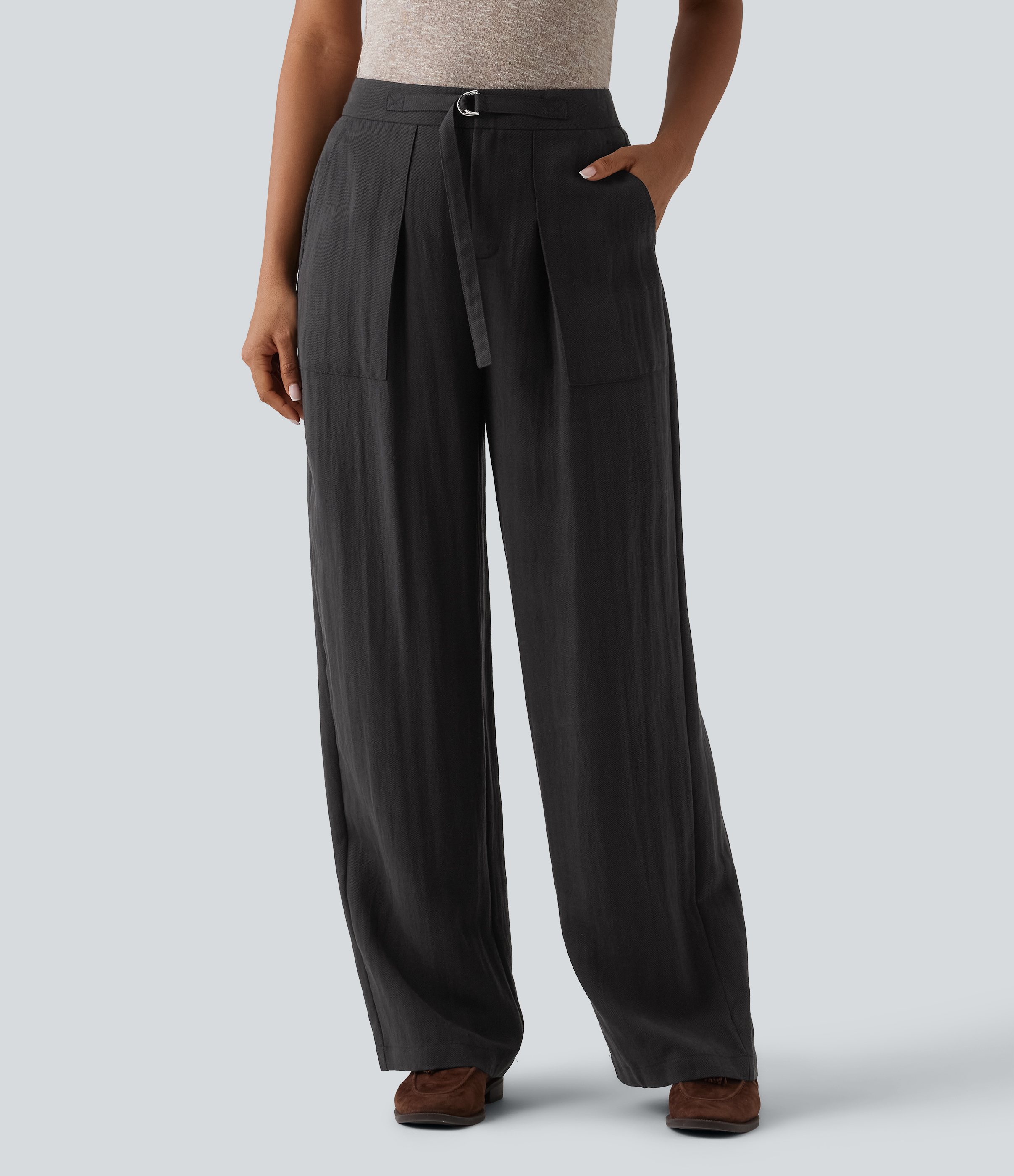 Baggy-Leinenhose fürs Büro mit hohem Bund und Seitentaschen