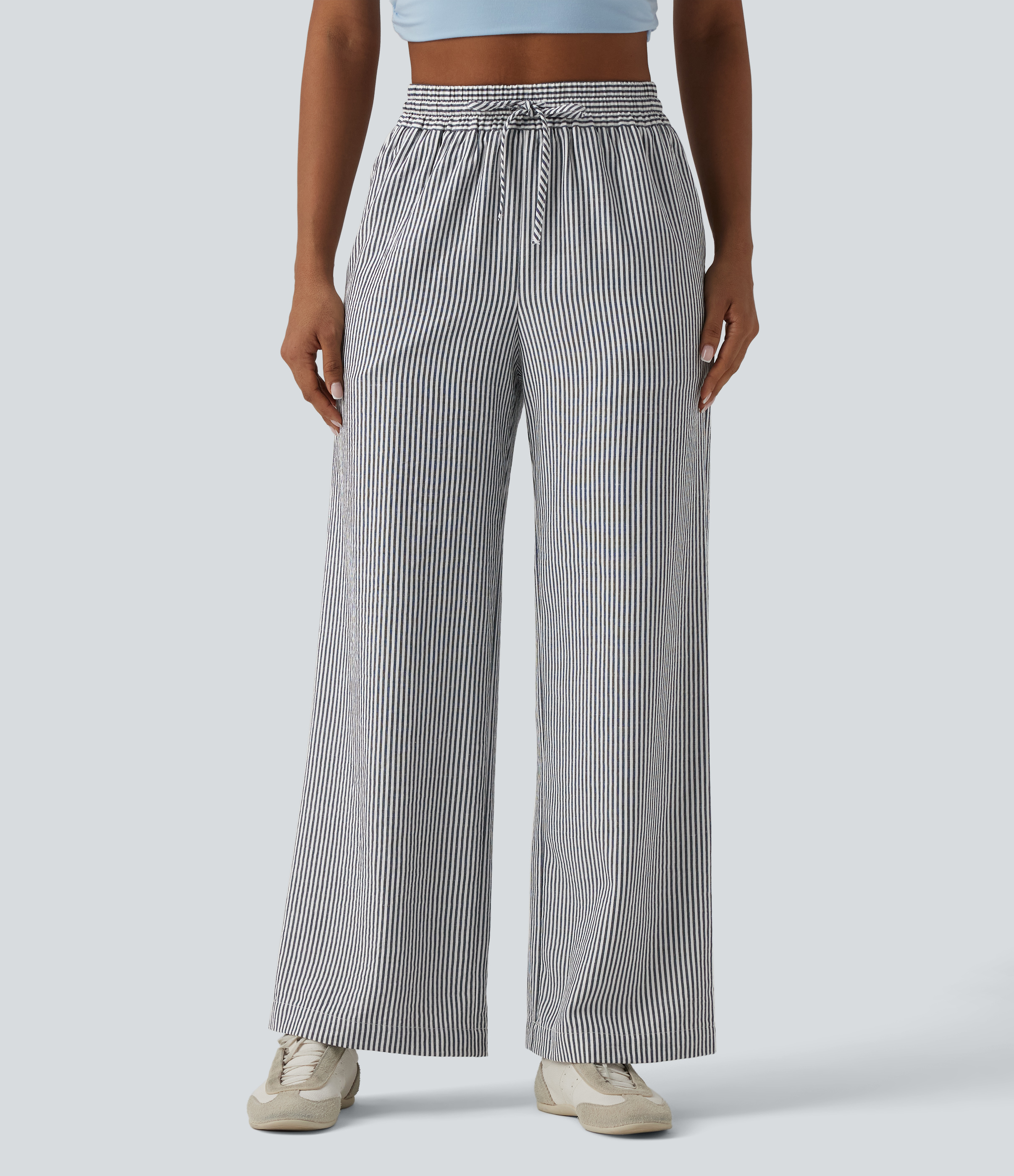 High Waisted Drawstring Stripes Linen-Feel Casual Baggy Trousers with Pockets