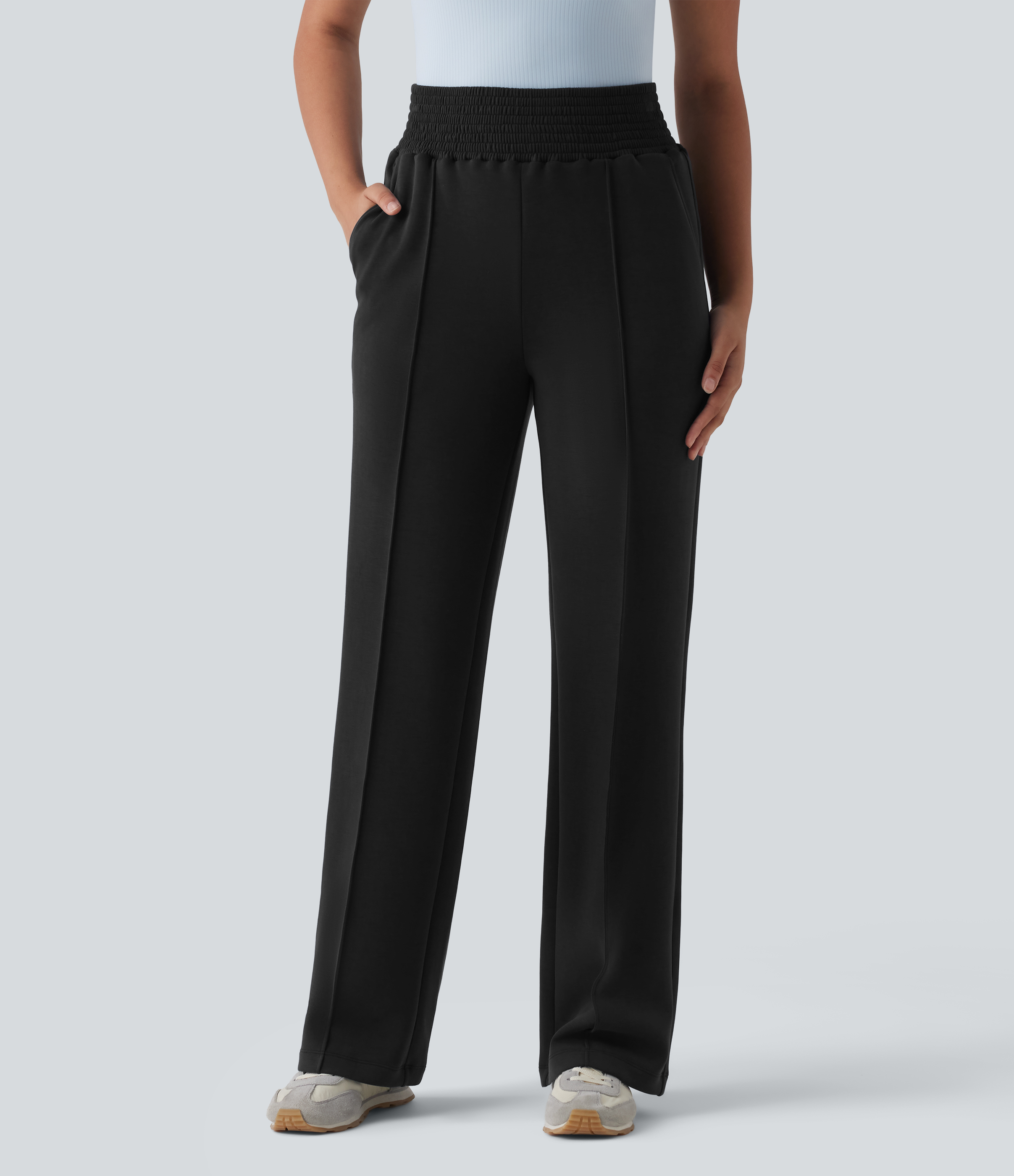 Jogging casual jambe droite taille haute smocké SpacerTek™ avec poches