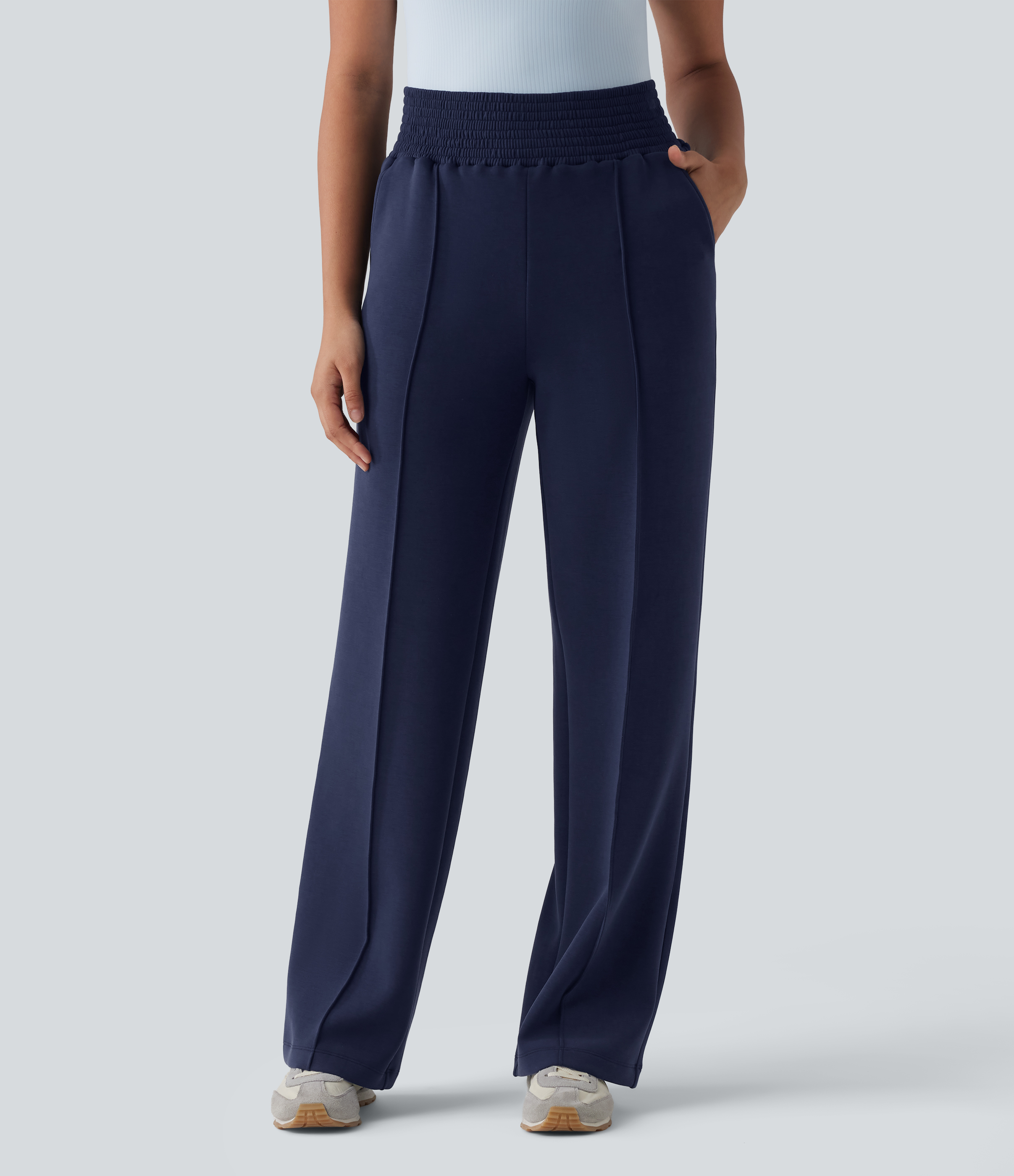 SpacerTek™ High Waisted Shirred Casual Straight Leg Sweatpants with Pockets