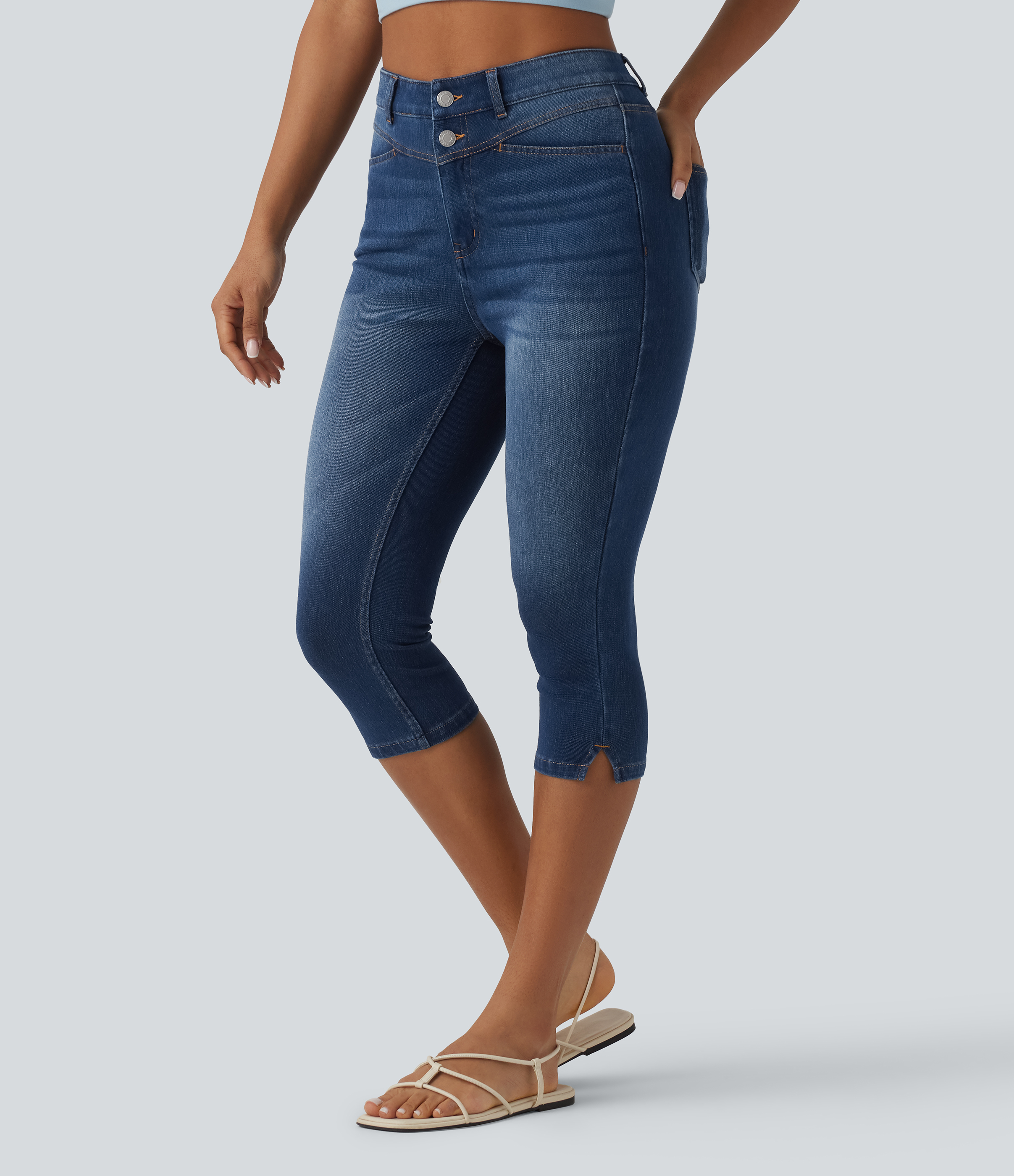 Halara Flex™ - Vaqueros capri casuales de cintura alta con múltiples bolsillos y bajo con abertura - corte ajustado