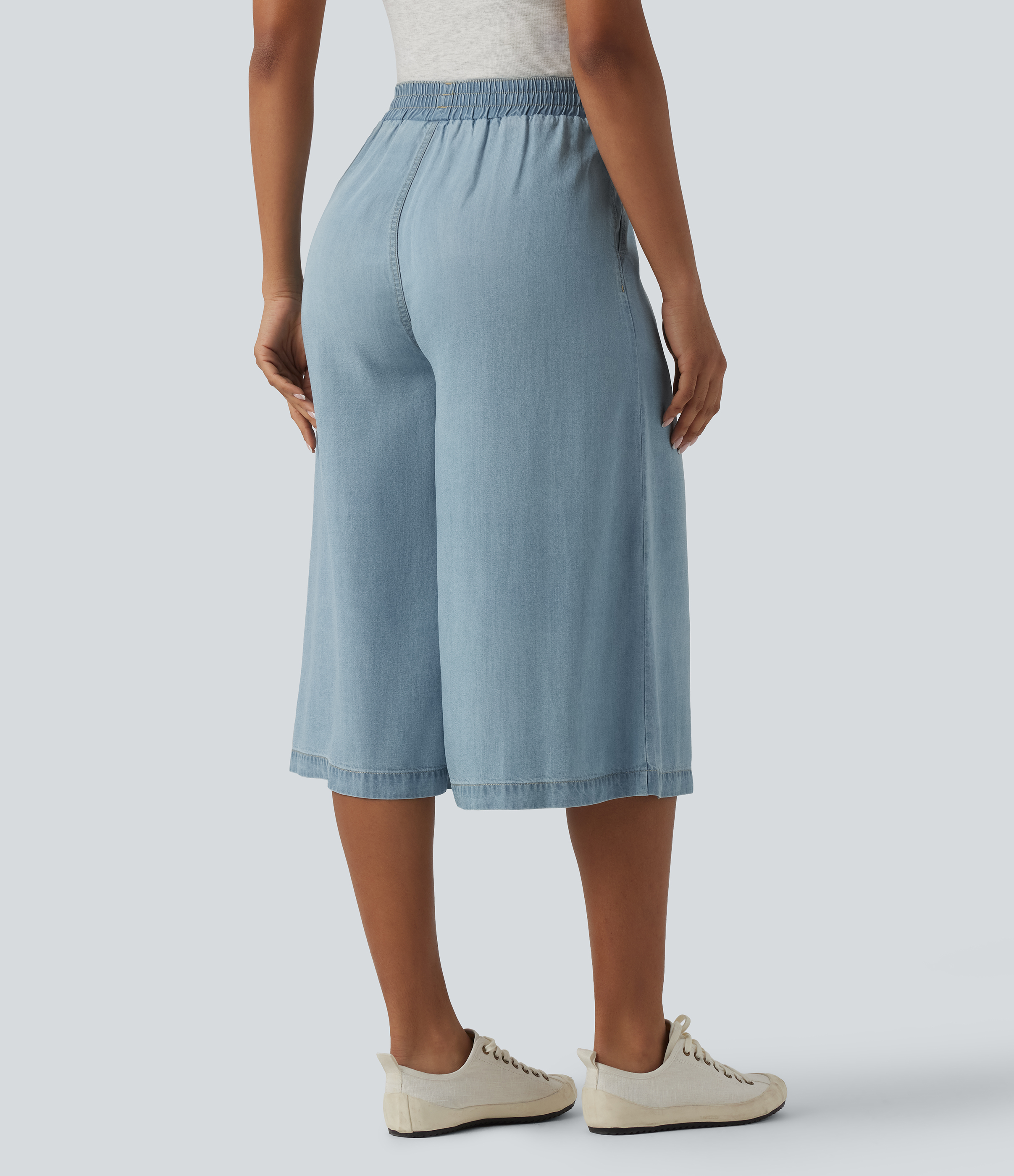 Malibu Blue Denim High Waisted Wide Leg Capri Casual Jeans with Pockets / 2