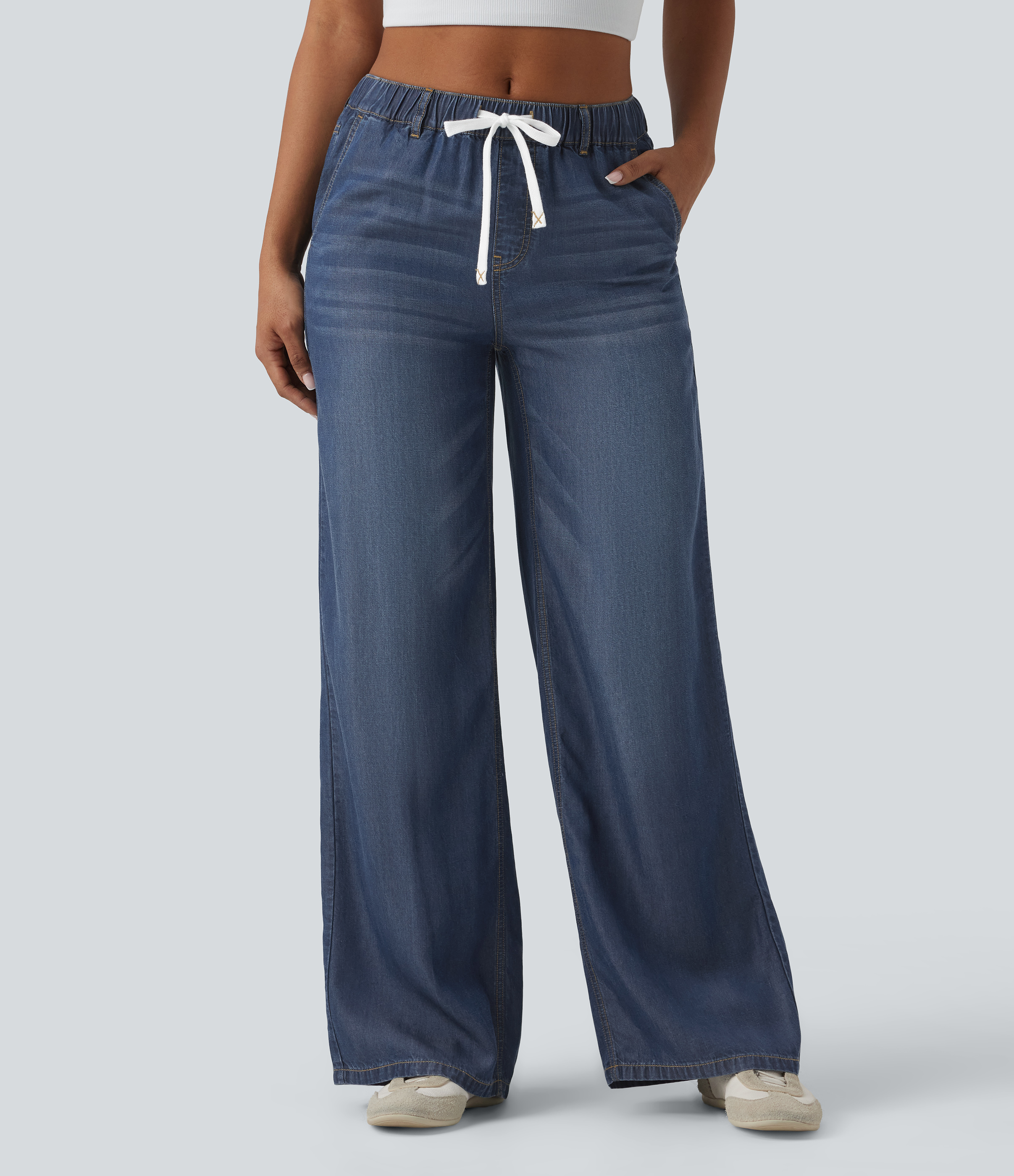 Mid Rise Drawstring Casual Jeans with Pockets — Estate Blue Denim by Halara