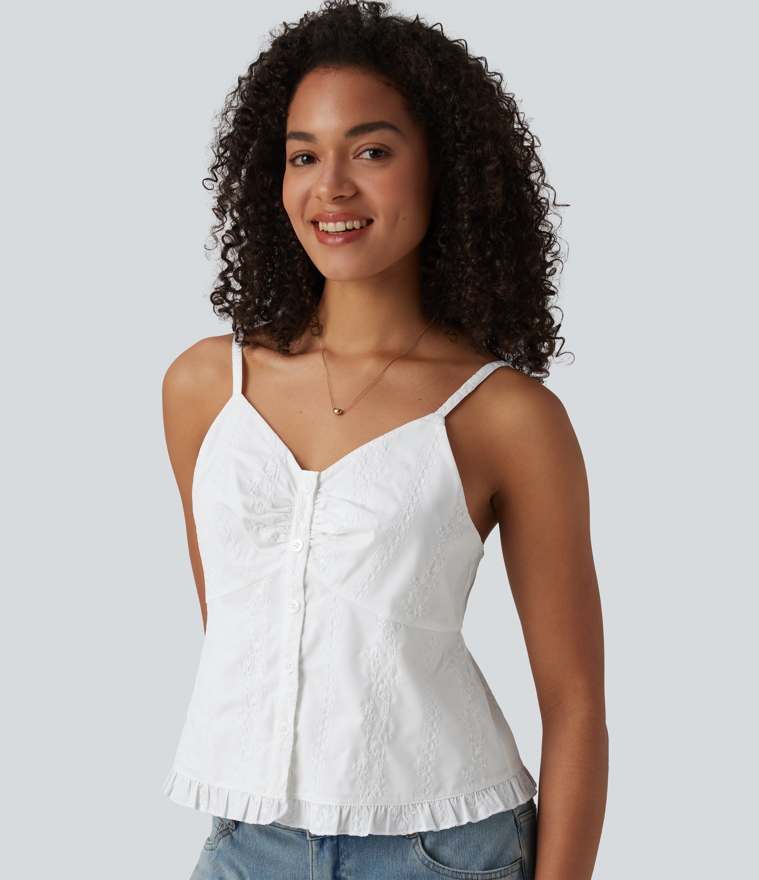 V Neck Ruffle Hem Embroidery Resort Tank Top
