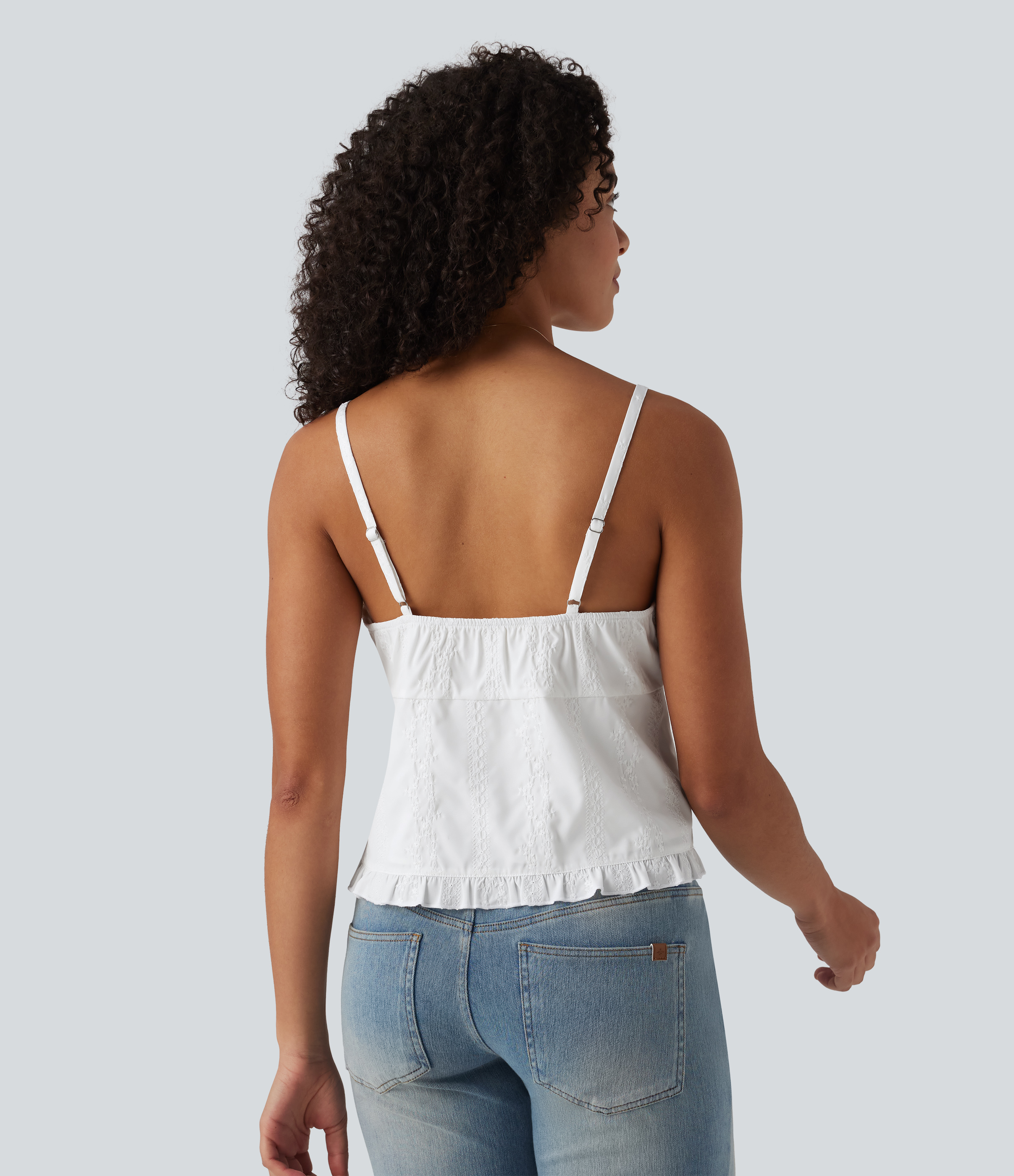 White V Neck Ruffle Hem Embroidery Resort Tank Top / 2