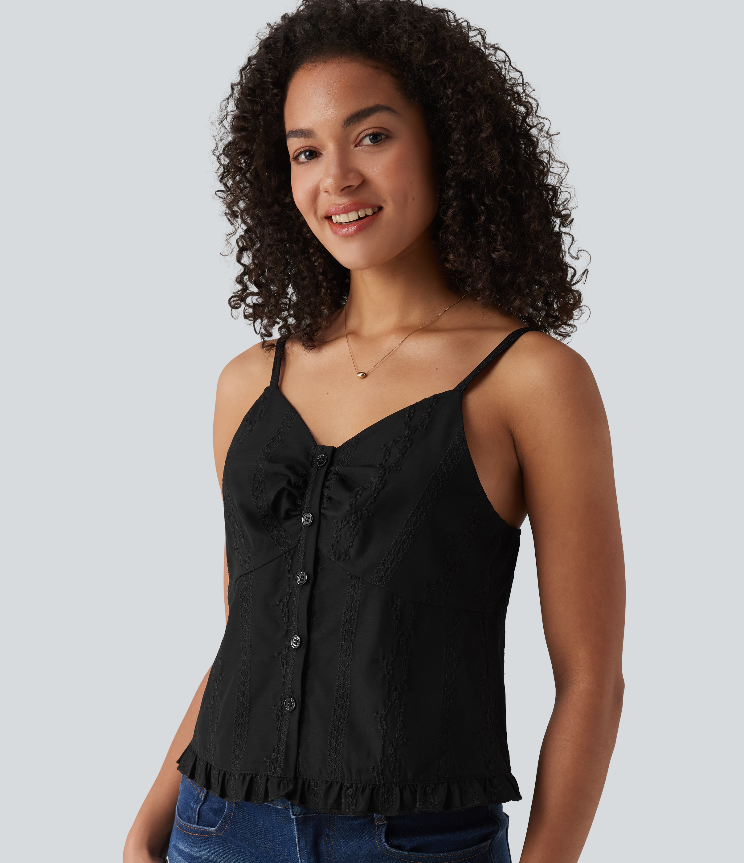 V Neck Ruffle Hem Embroidery Resort Tank Top