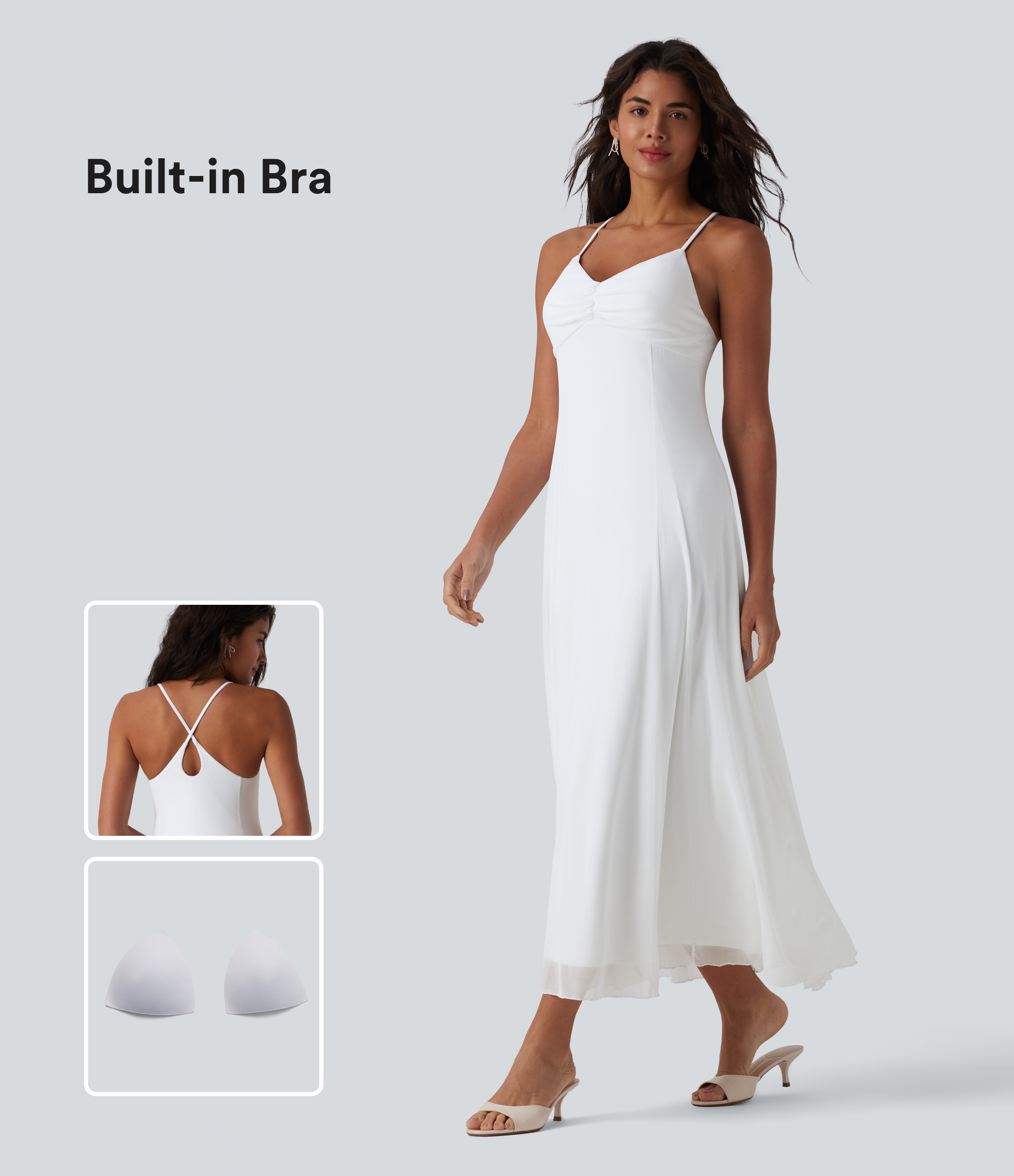 Weiß Fließendes Maxikleid mit überkreuztem Rückendesign Kontrast-Mesh für Brautjungfern und Hochzeitsgäste / 1