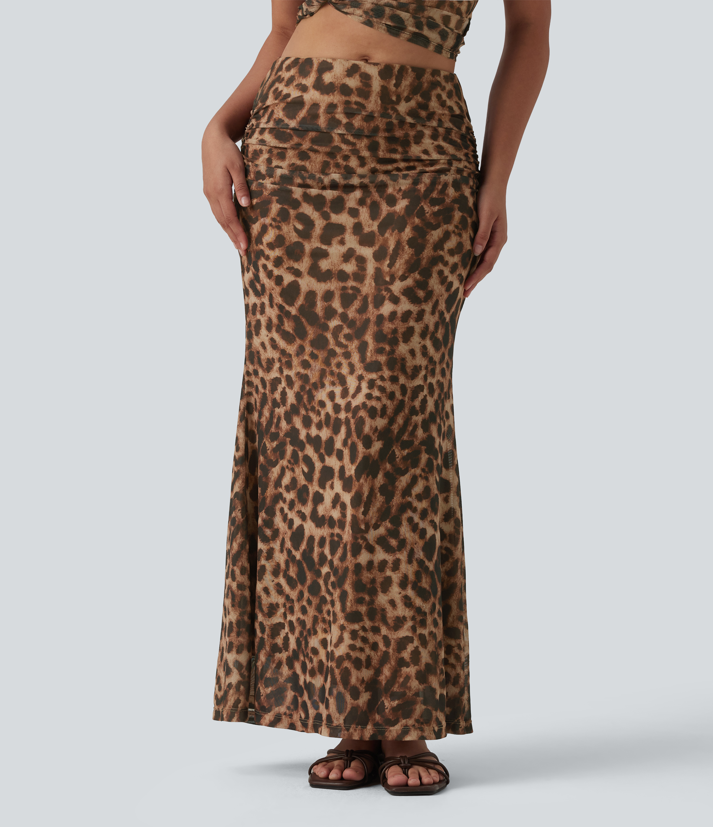 Gold Leopard Print Mid Rise Ruched Mesh Leopard Print Maxi Party Mermaid Skirt / 1
