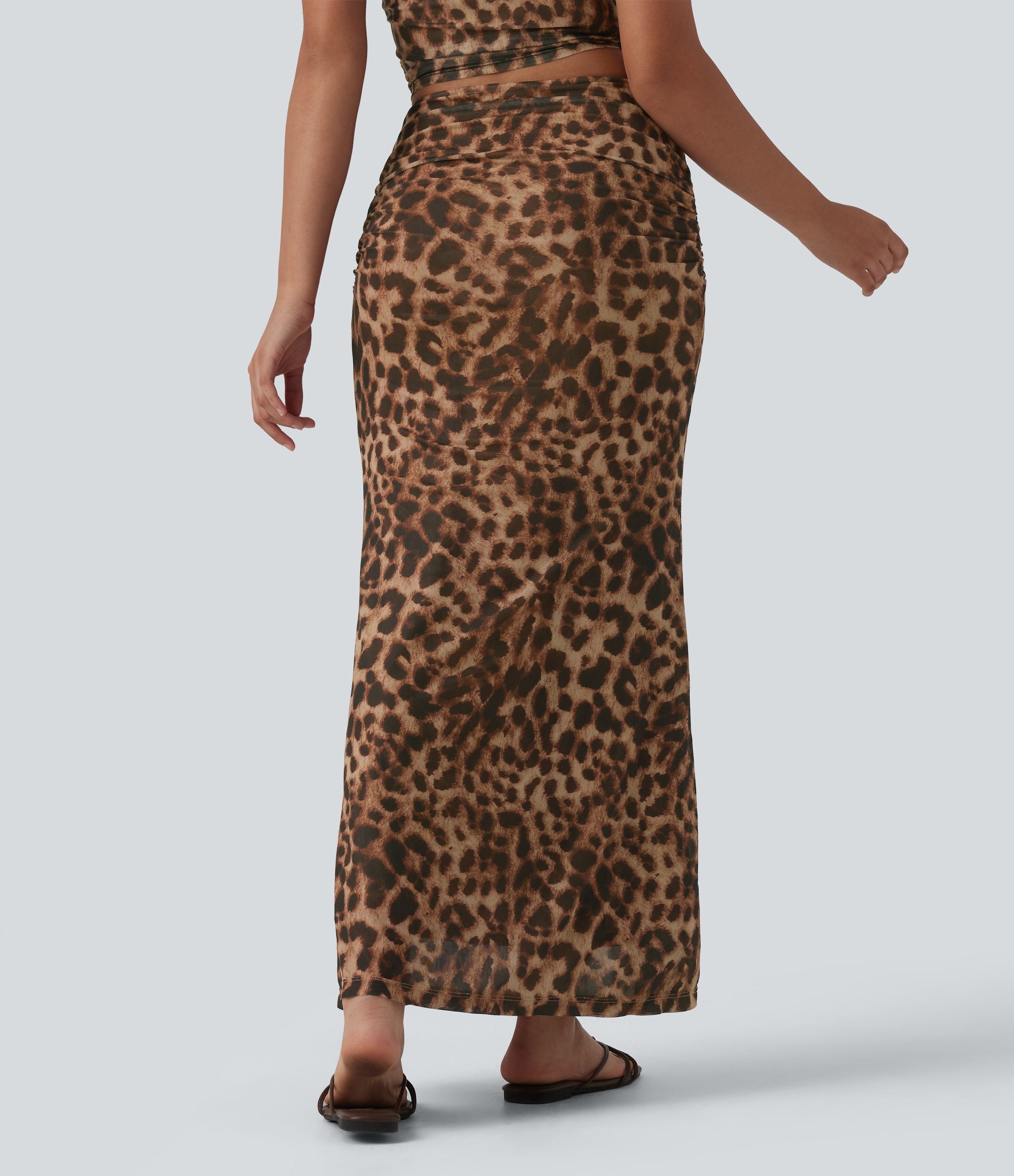 Gold Leopard Print Mid Rise Ruched Mesh Leopard Print Maxi Party Mermaid Skirt / 2