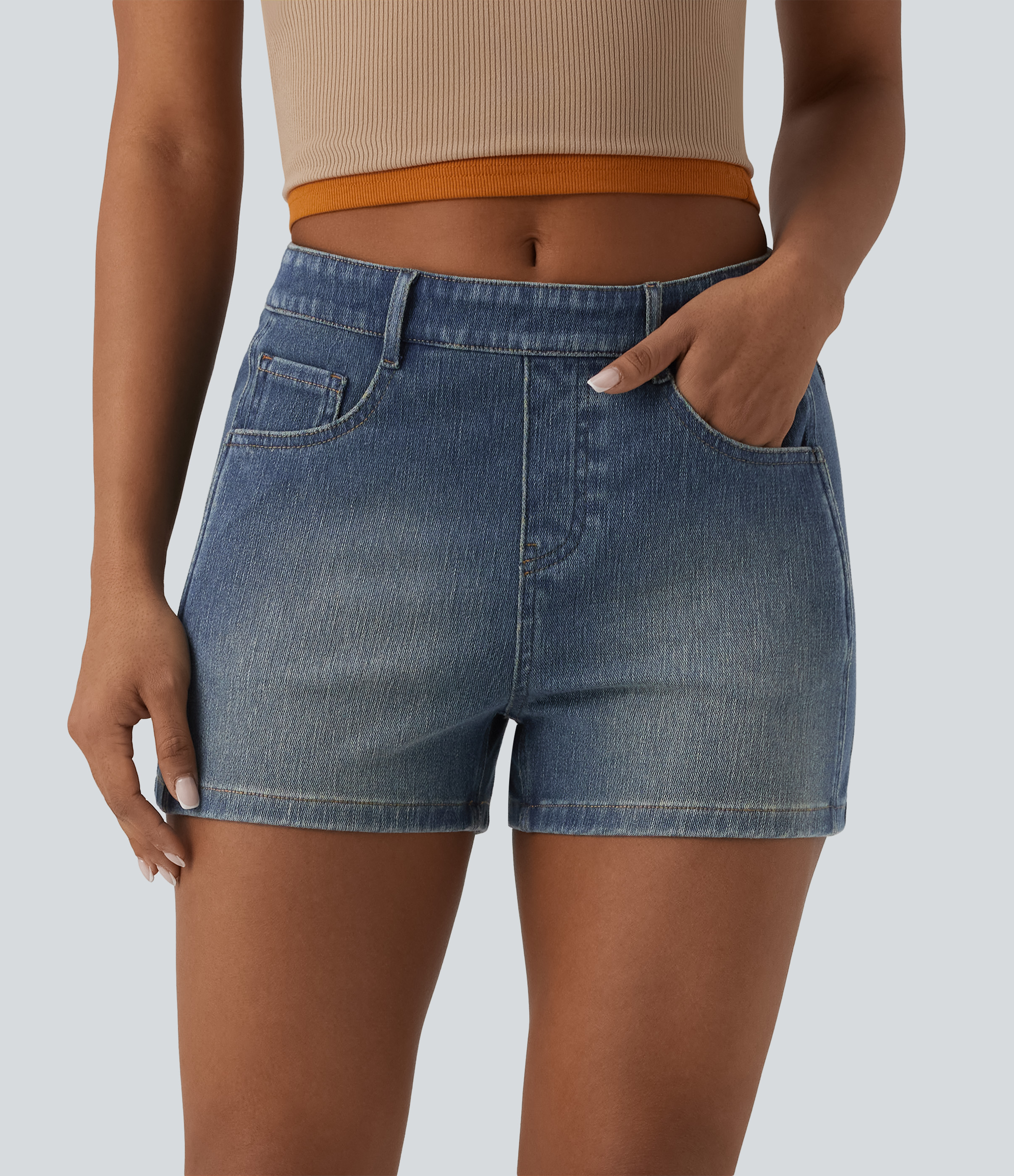 Mist Blue Denim Halara Flex™ Mid Rise Denim Casual Shorts 3'' with Pockets / 2