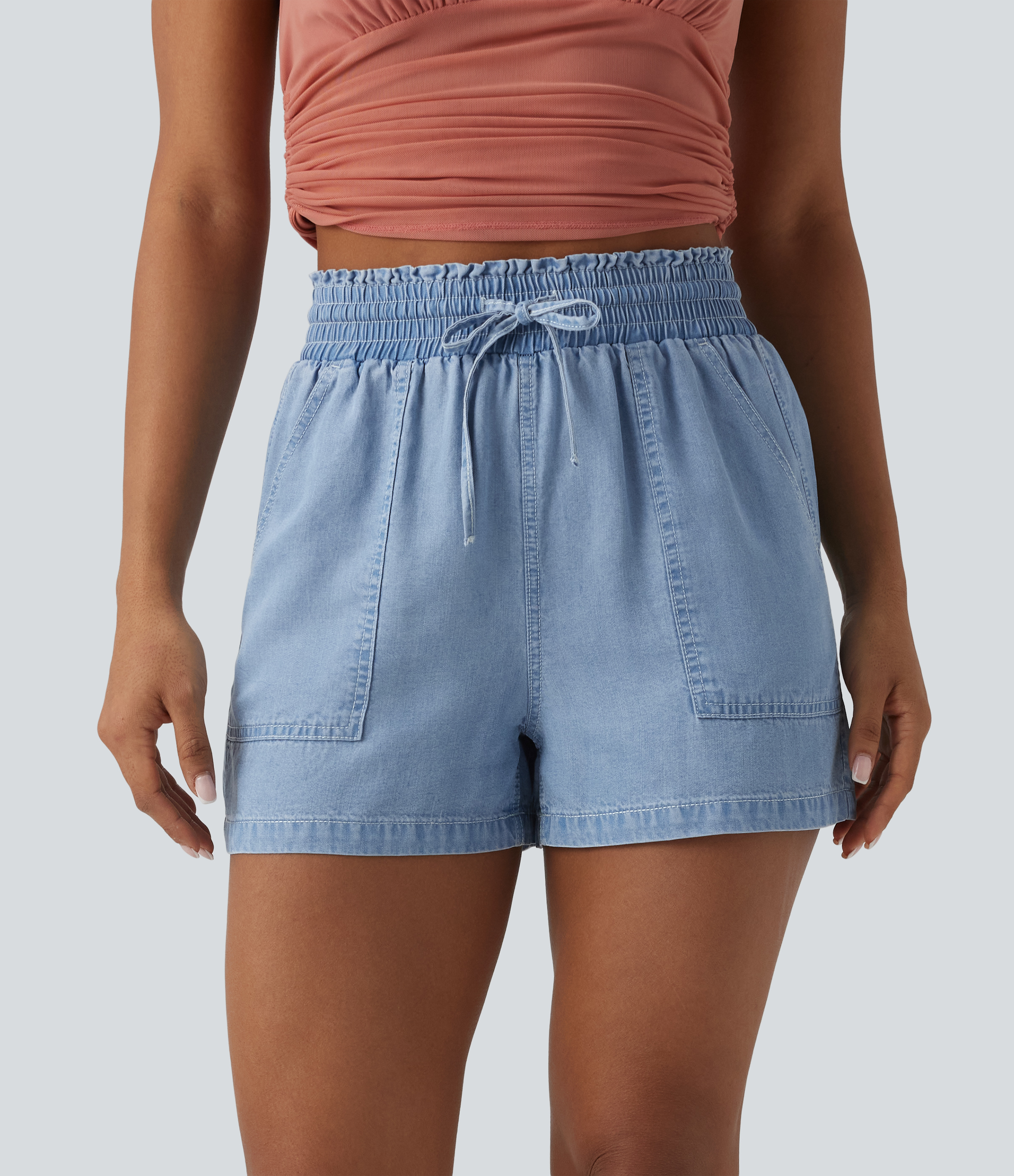Denim-Baggy-Shorts mit hoher Taille, Kordelzug, Rüschenbesatz und Drapierung – lässig, mit Taschen